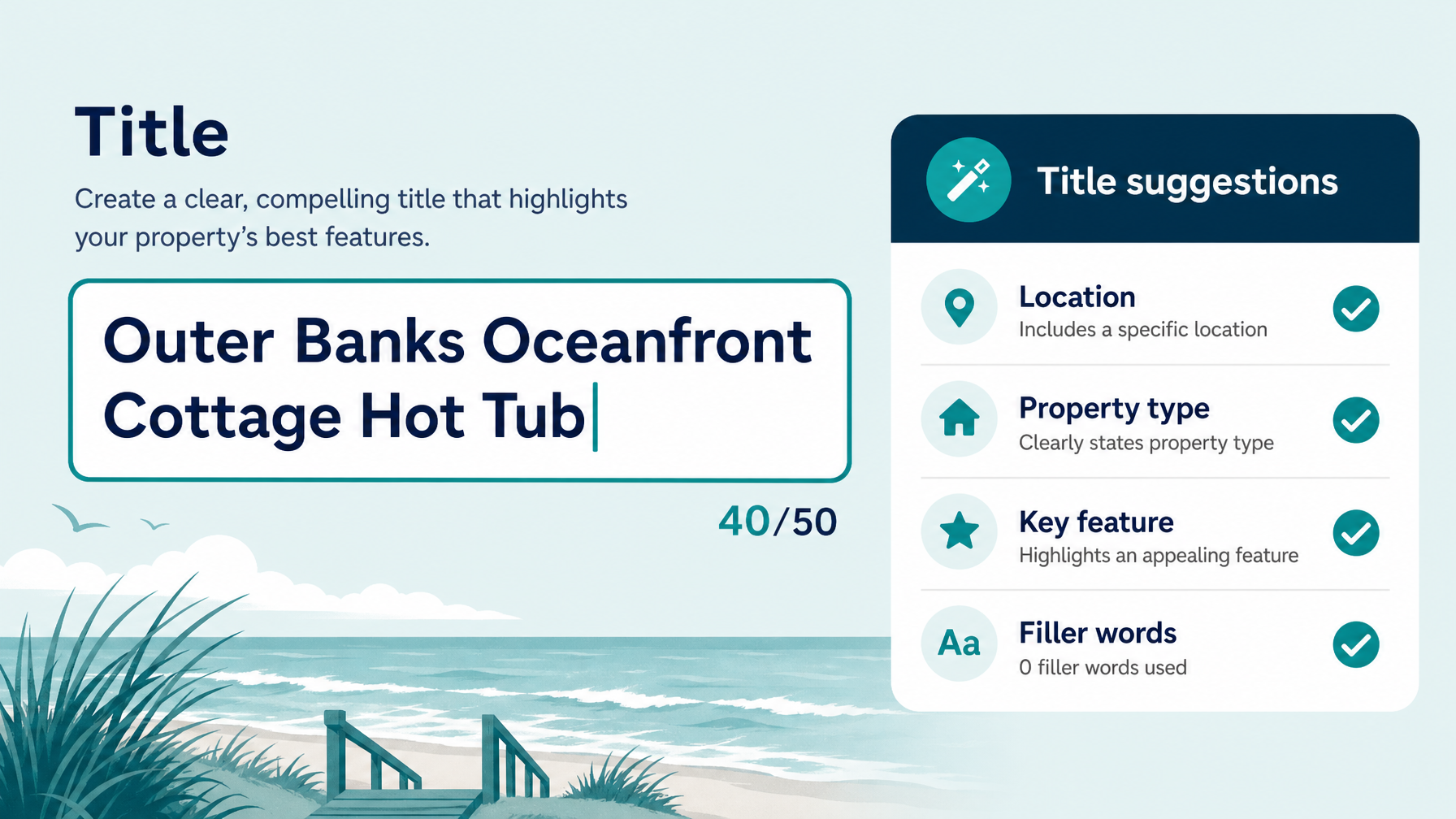 Vacation rental listing title being edited in a text field showing the 50 character limit and keyword optimization for STR listing title