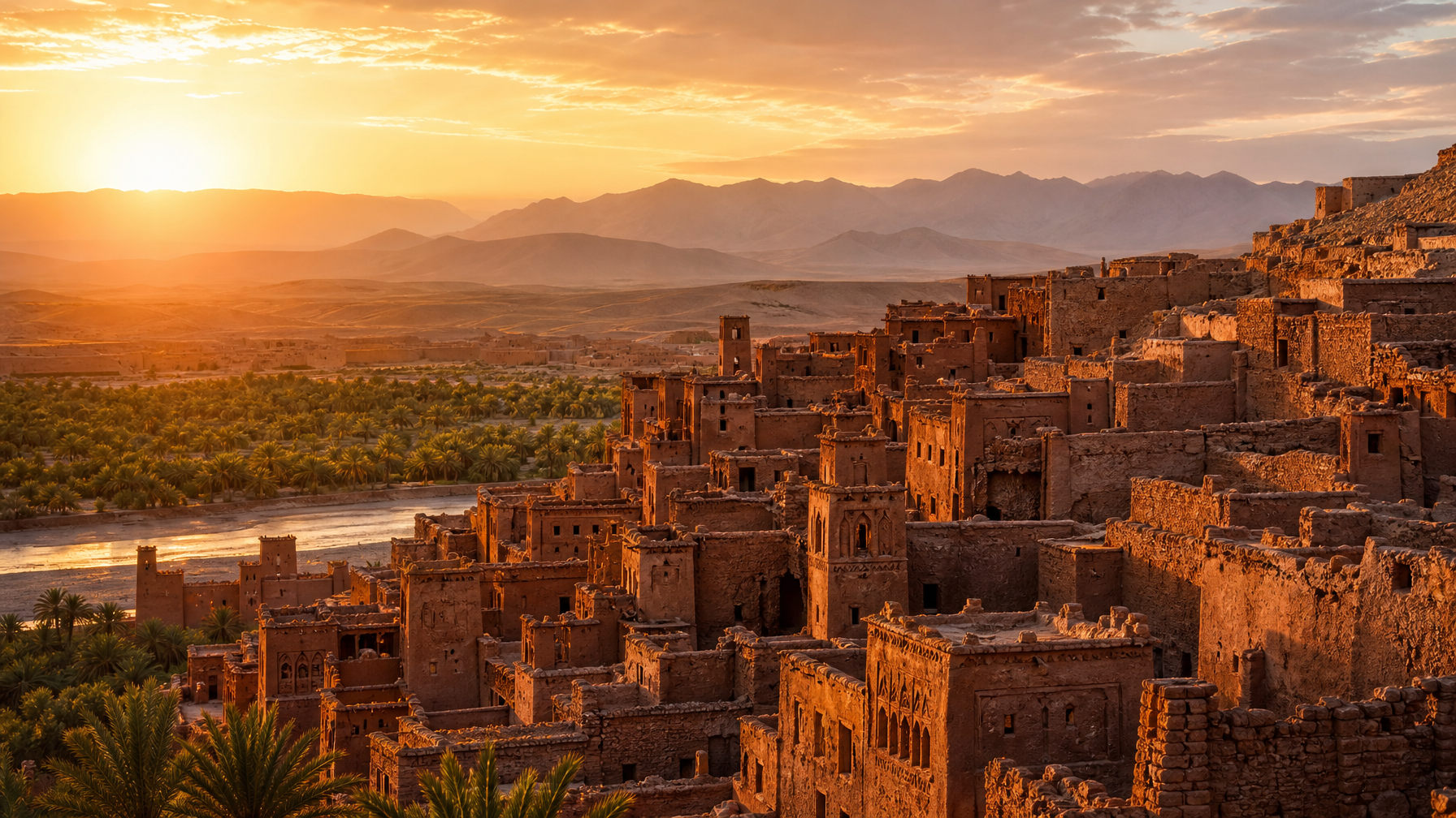 Aït Benhaddou UNESCO ksar in Morocco at sunset, used as a filming location for The Odyssey