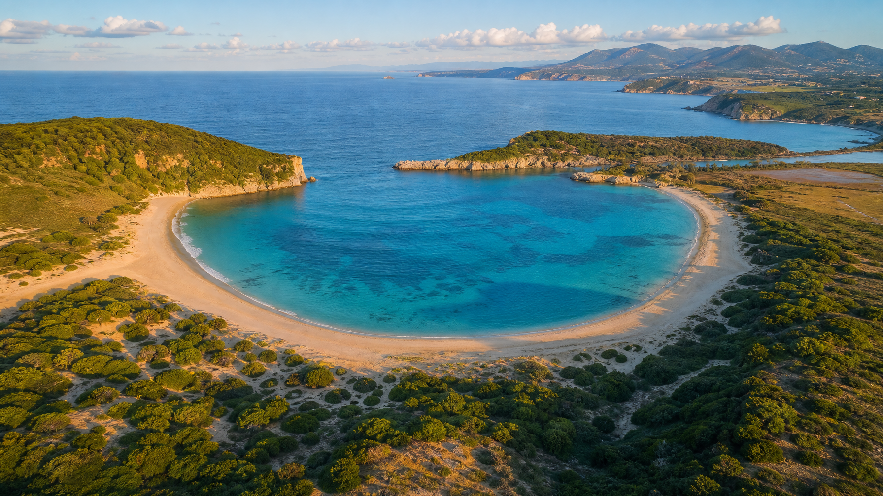 Aerial view of the Peloponnese coastline near Voidokilia Beach, Greece, where The Odyssey was filmed