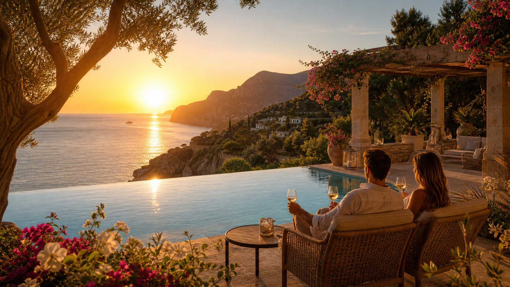 Couple relaxing at a sunset infinity pool villa near The Odyssey filming locations