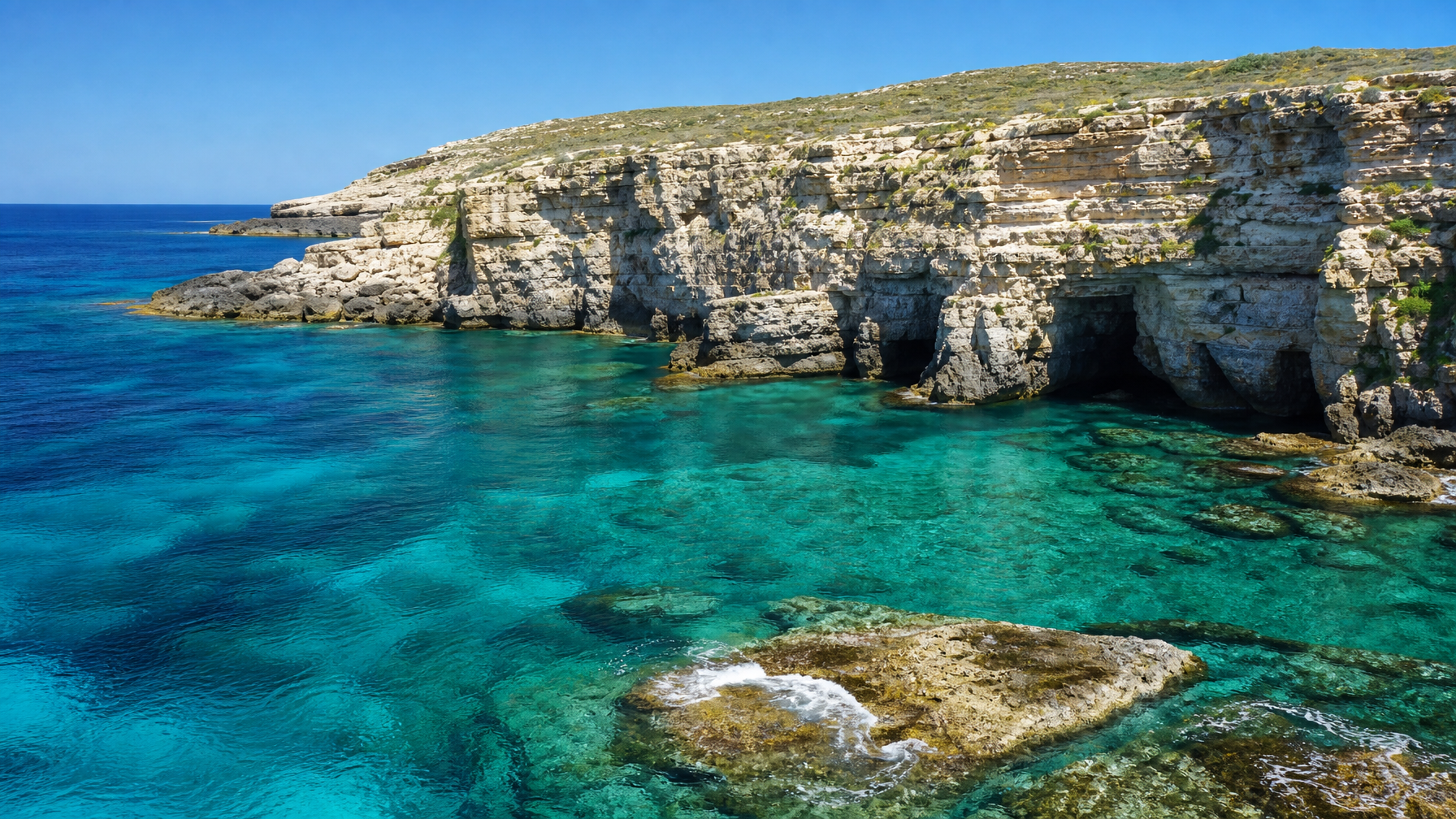 Limestone sea caves and turquoise water off Favignana Island, Sicily, an Odyssey filming location