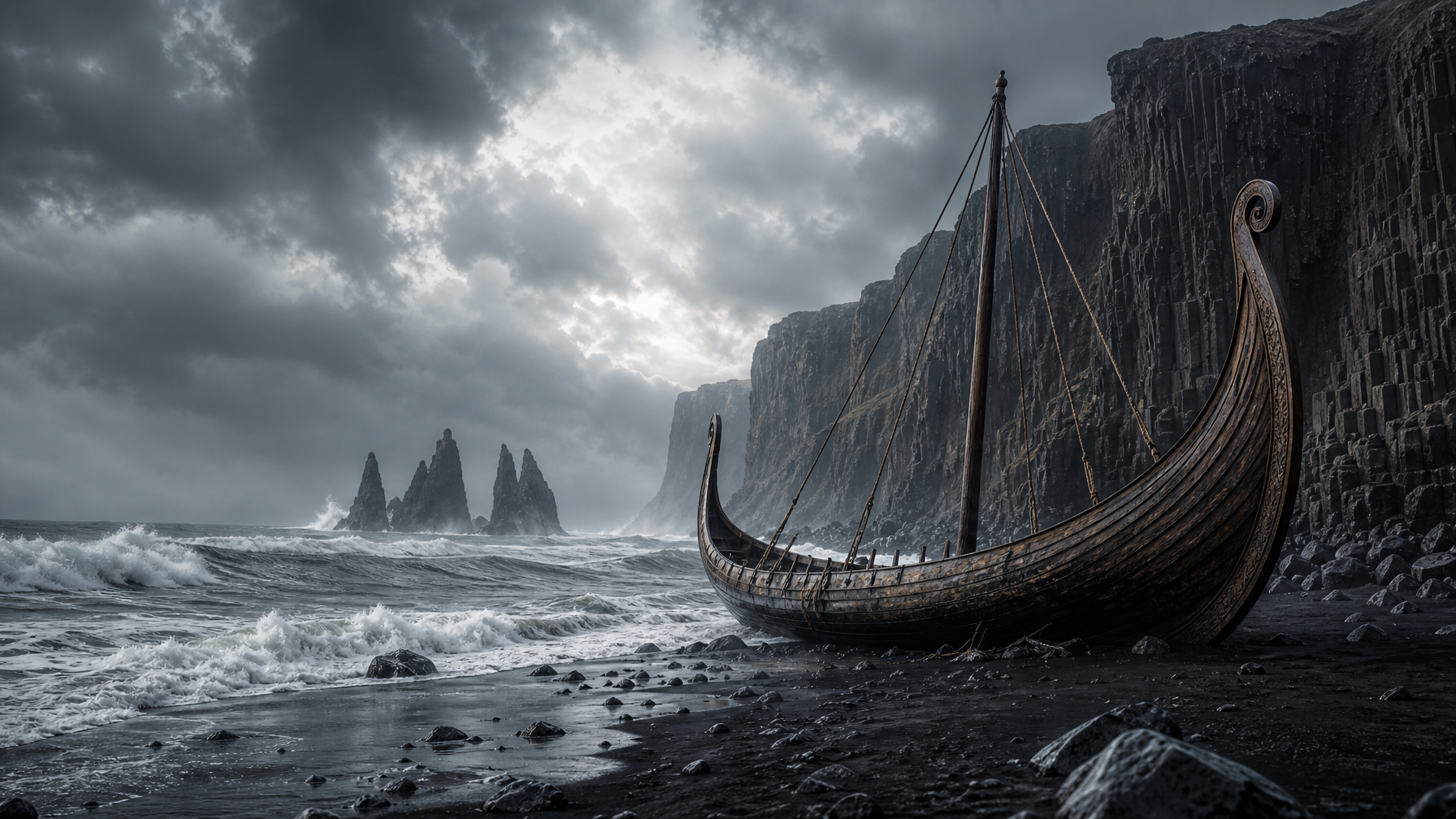 Viking ship on Iceland's black sand coast, used in The Odyssey filming