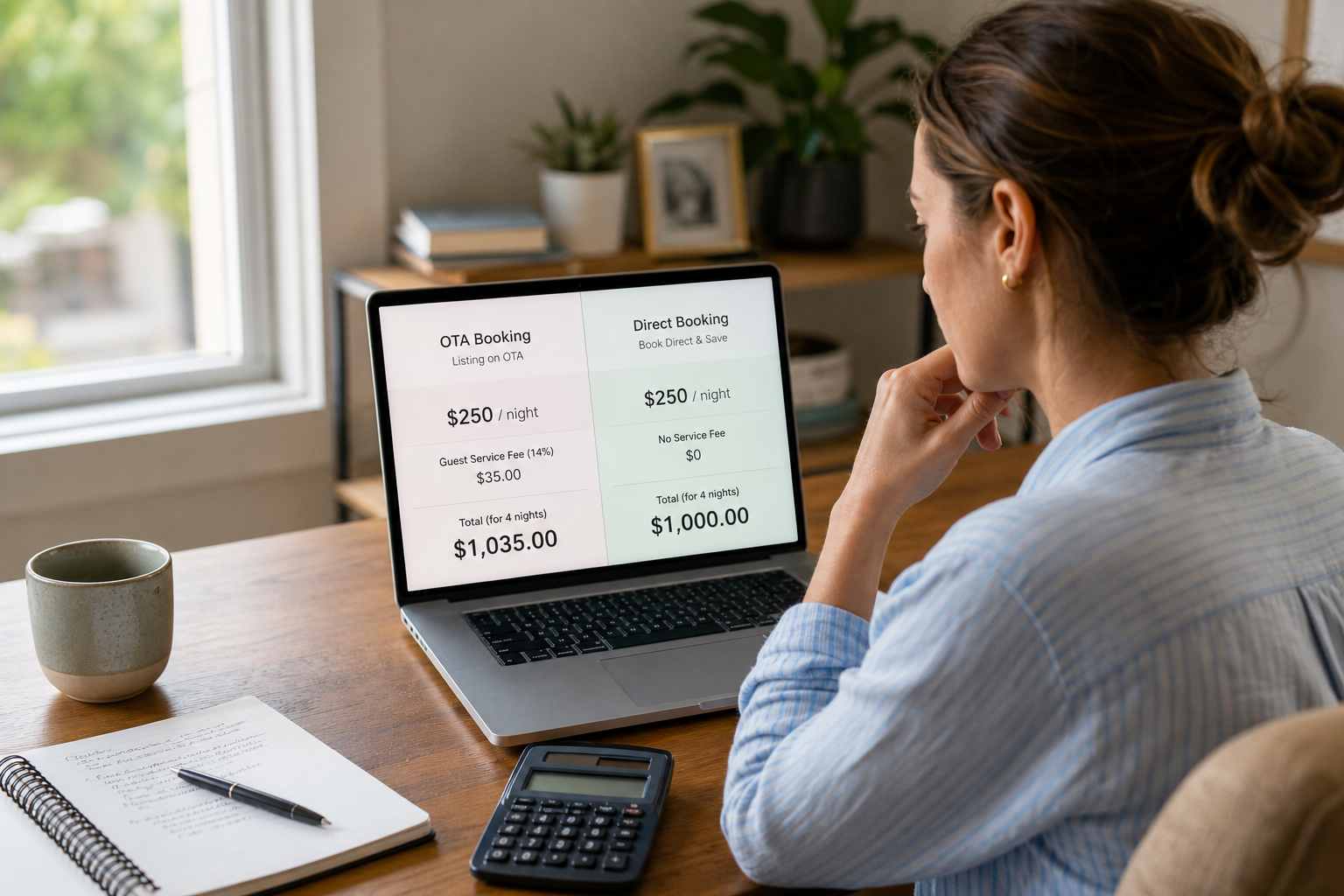 A female Houfy host comparing her direct booking nightly rate against OTA pricing with service fees to find the competitive pricing sweet spot