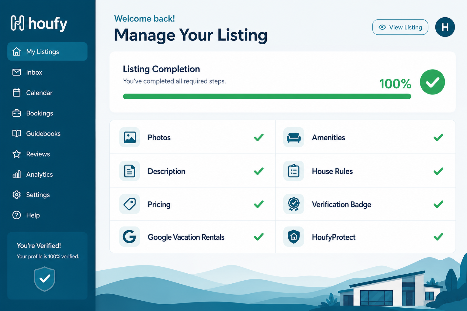 A Houfy vacation rental listing profile completion dashboard showing 100% completion status across all required sections for maximum search ranking