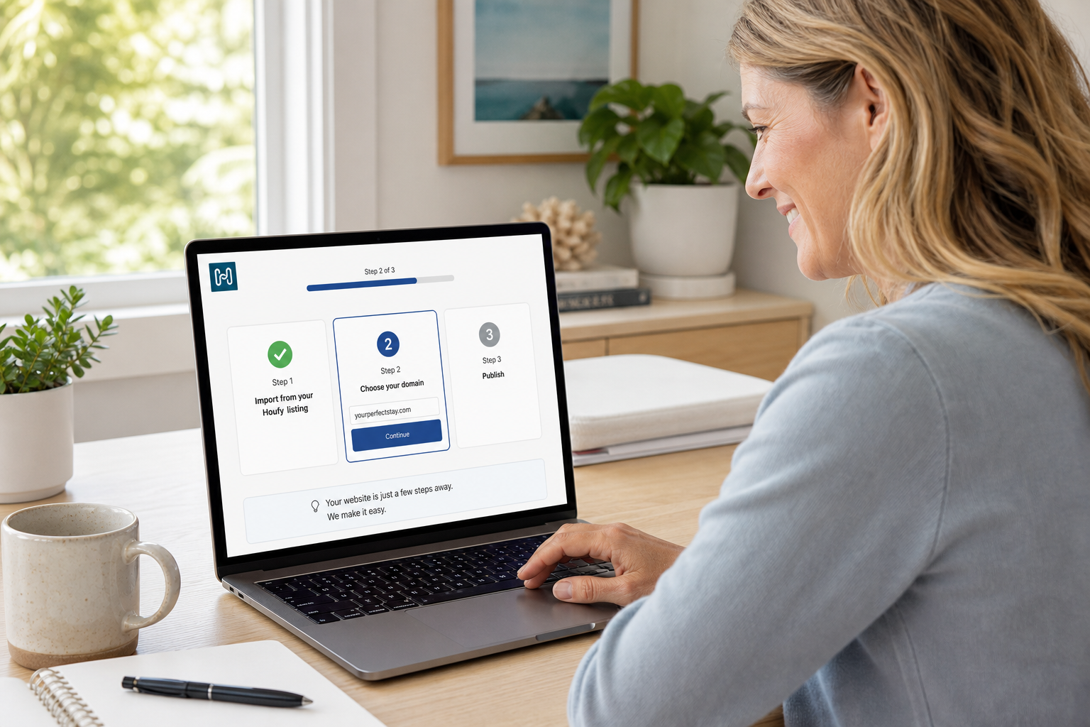 A female vacation rental host setting up her Houfy AI website builder to create a direct booking site in under 10 minutes