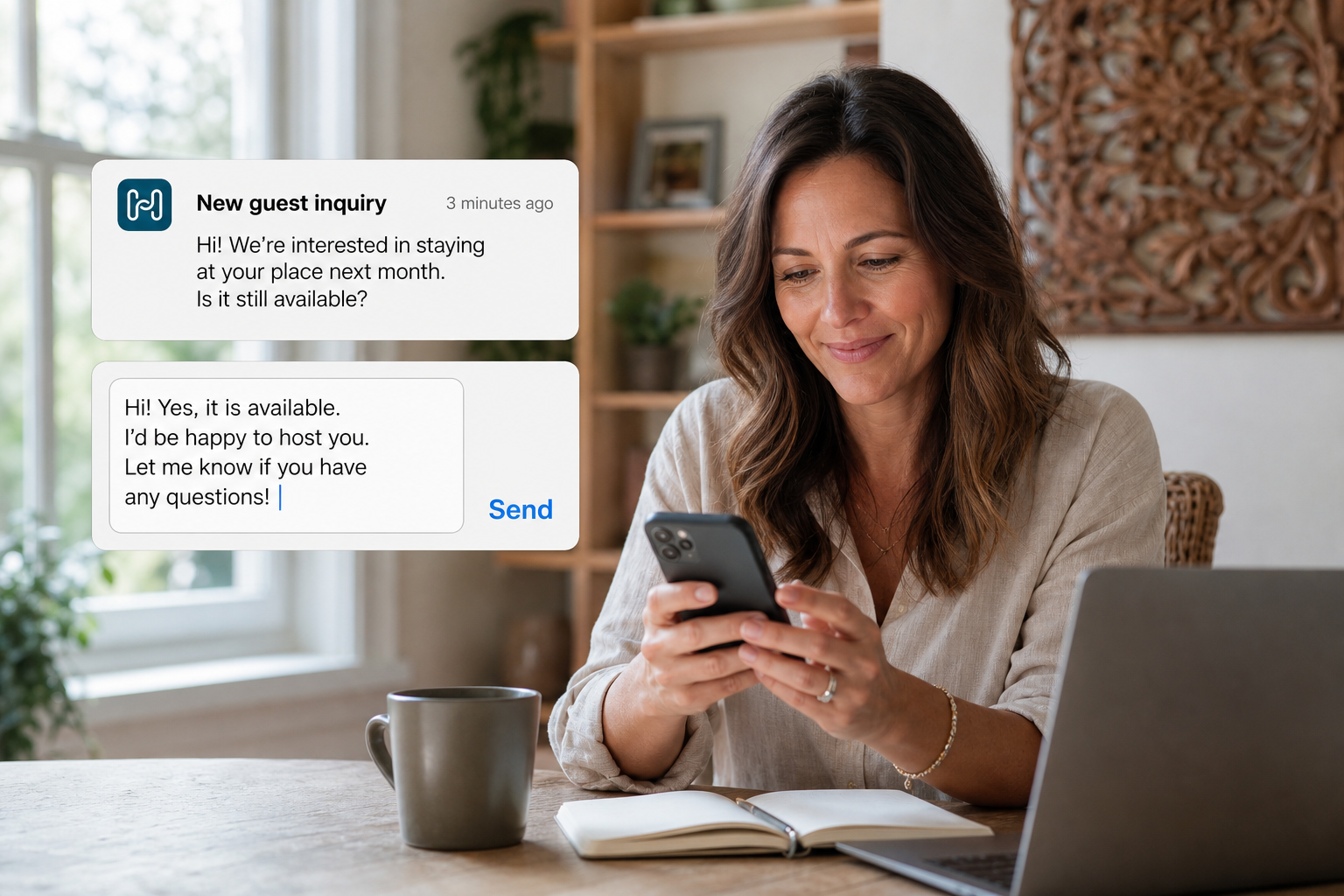 A female Houfy host responding quickly to a guest inquiry on her phone showing the response time ranking signal for Houfy search algorithm optimization