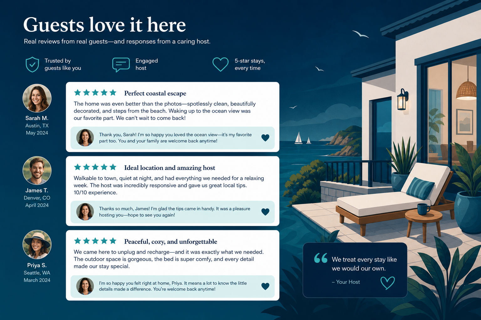 A Houfy vacation rental listing showing multiple positive guest reviews and host response pattern that builds social proof for direct booking conversion