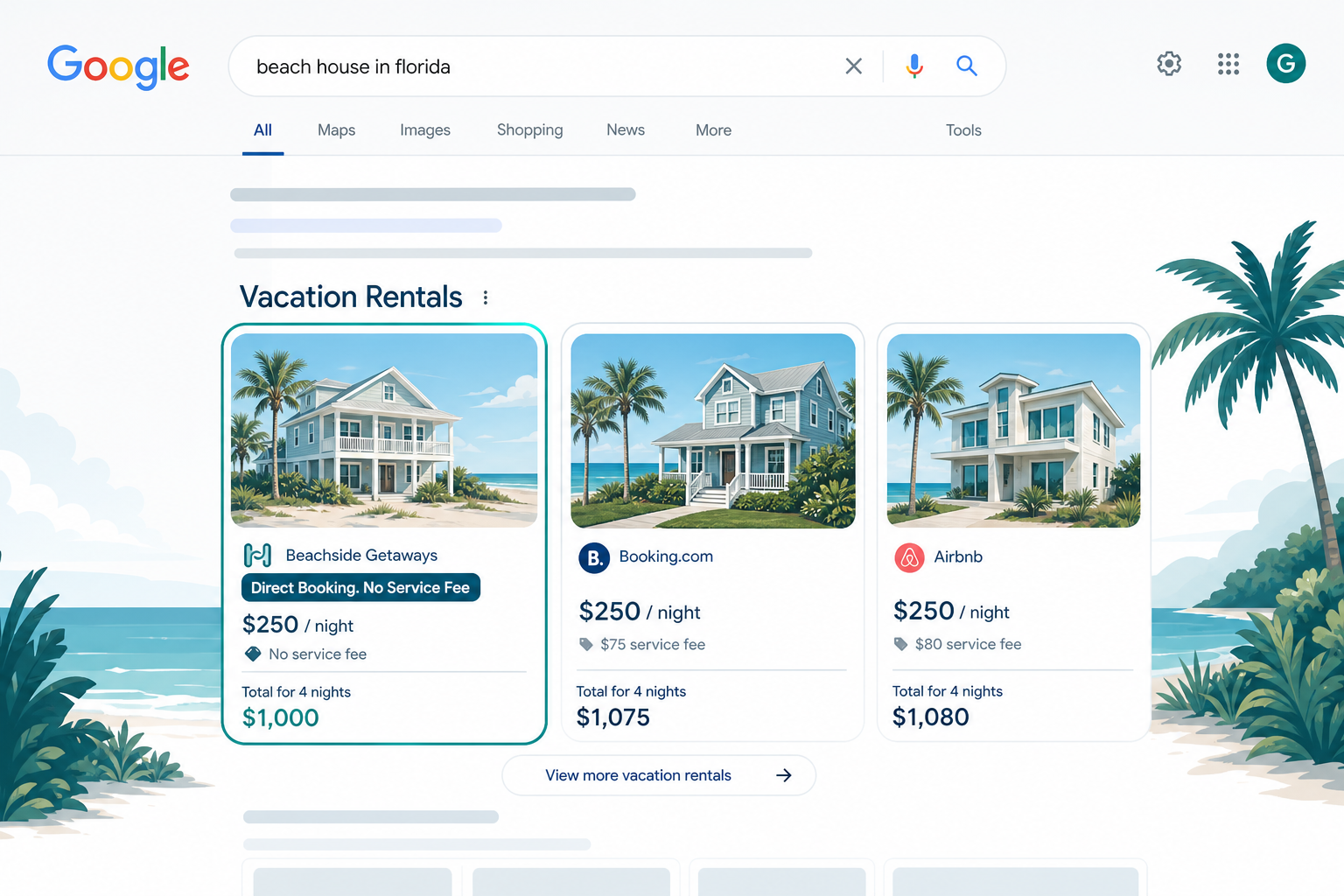 A Houfy vacation rental listing appearing in Google Vacation Rentals search results alongside Airbnb and Booking.com showing the direct booking distribution advantage