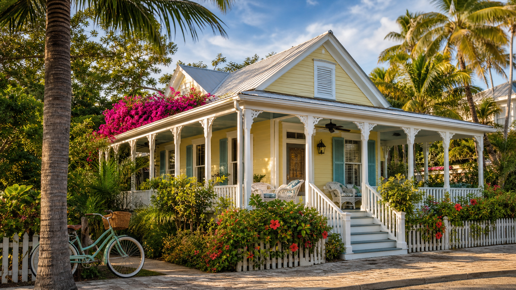 A Key West historic Conch house vacation rental in Old Town with a tropical garden and wraparound porch representing the most iconic Florida Keys rental experience