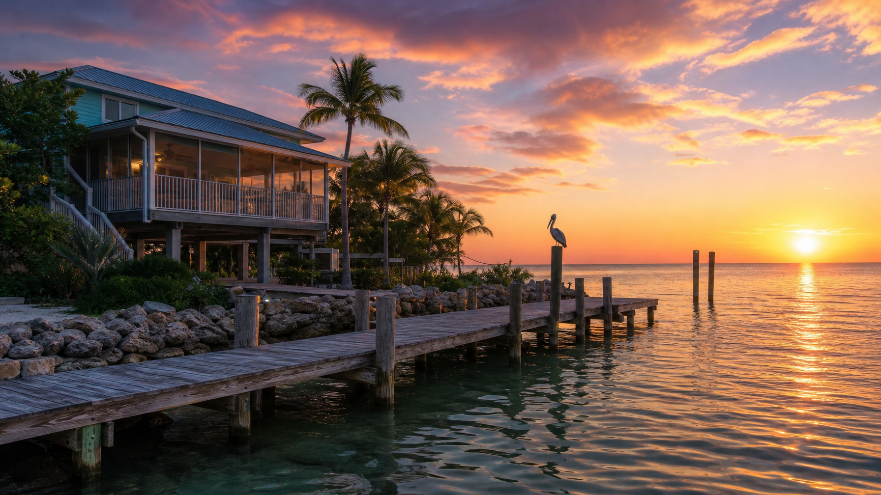 An Islamorada Florida Keys oceanfront vacation rental with a private dock at sunset representing the sport fishing capital of the world vacation experience