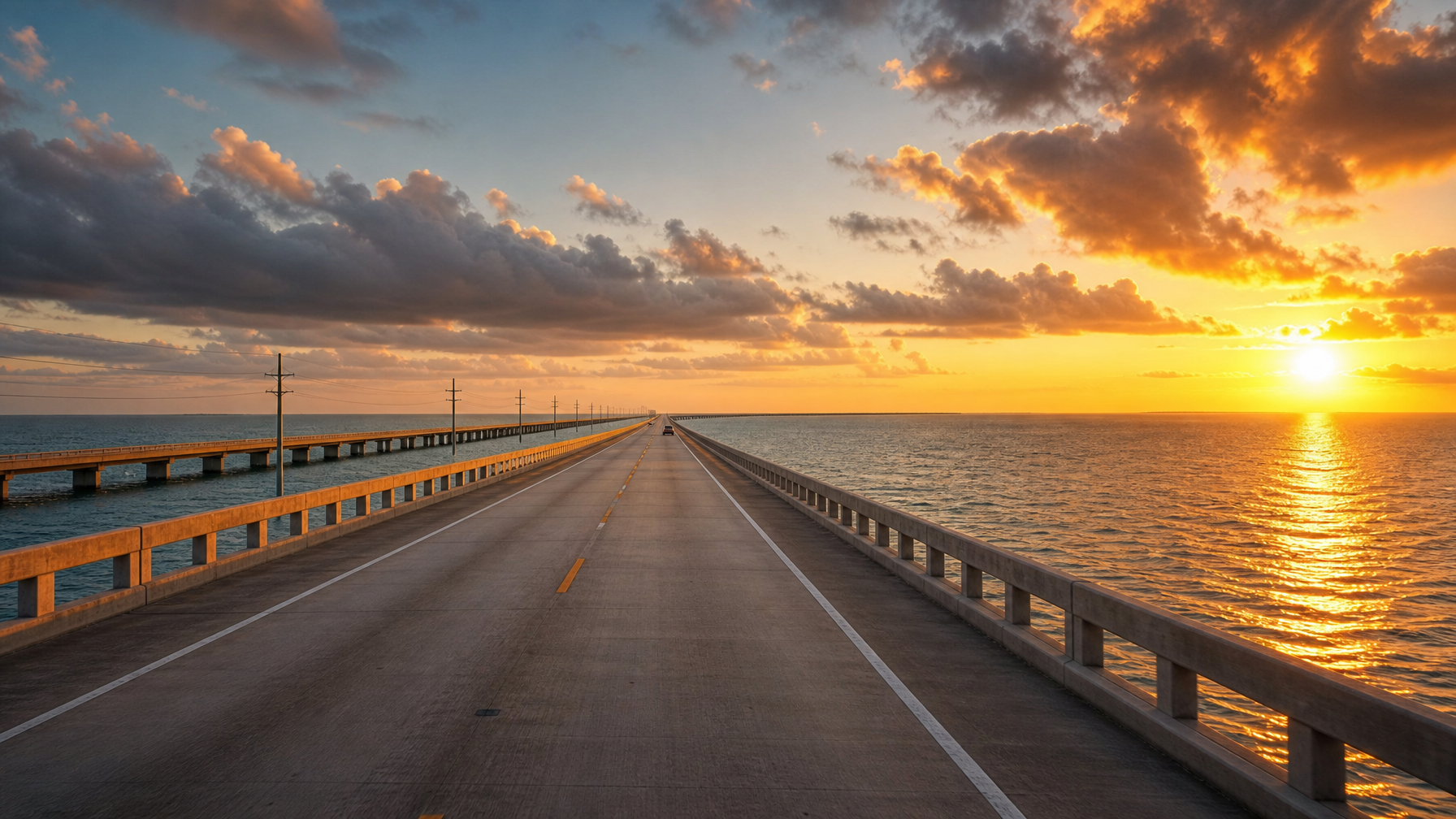 The Seven Mile Bridge in the Florida Keys at sunset with turquoise water on both sides representing the iconic drive connecting vacation rental destinations across the Keys