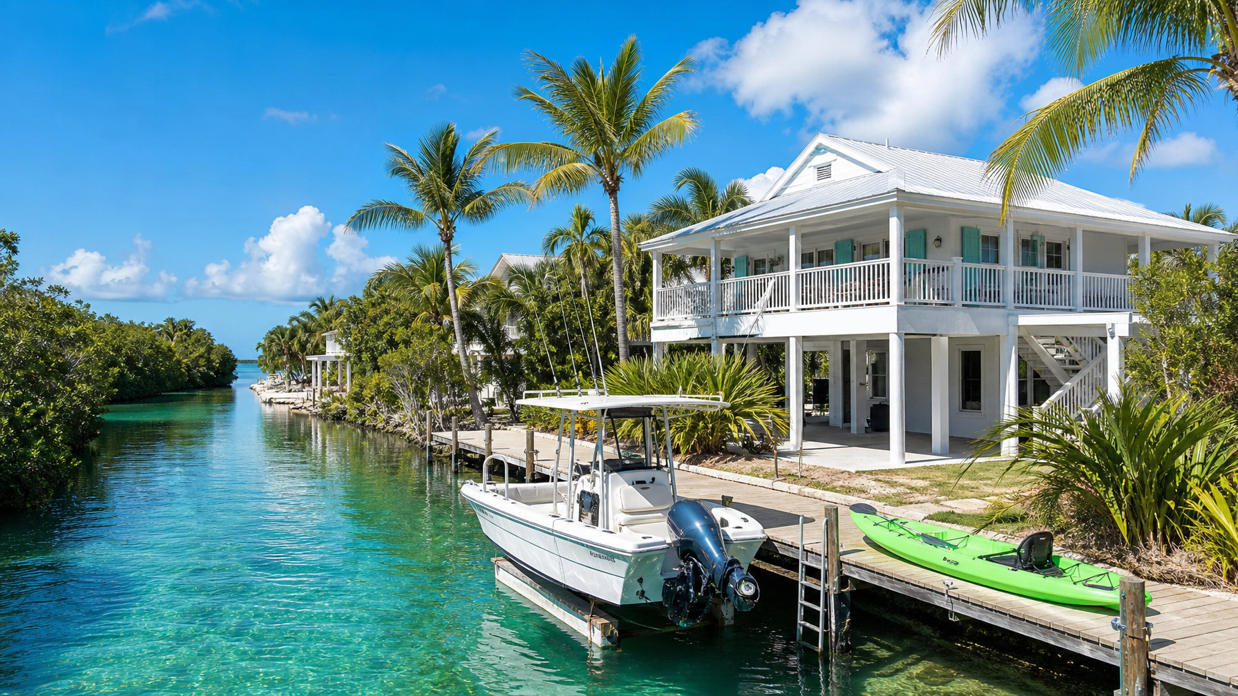 A Key Largo Florida Keys vacation rental canal home with a private dock and boat in clear turquoise water, representing the waterfront STR experience
