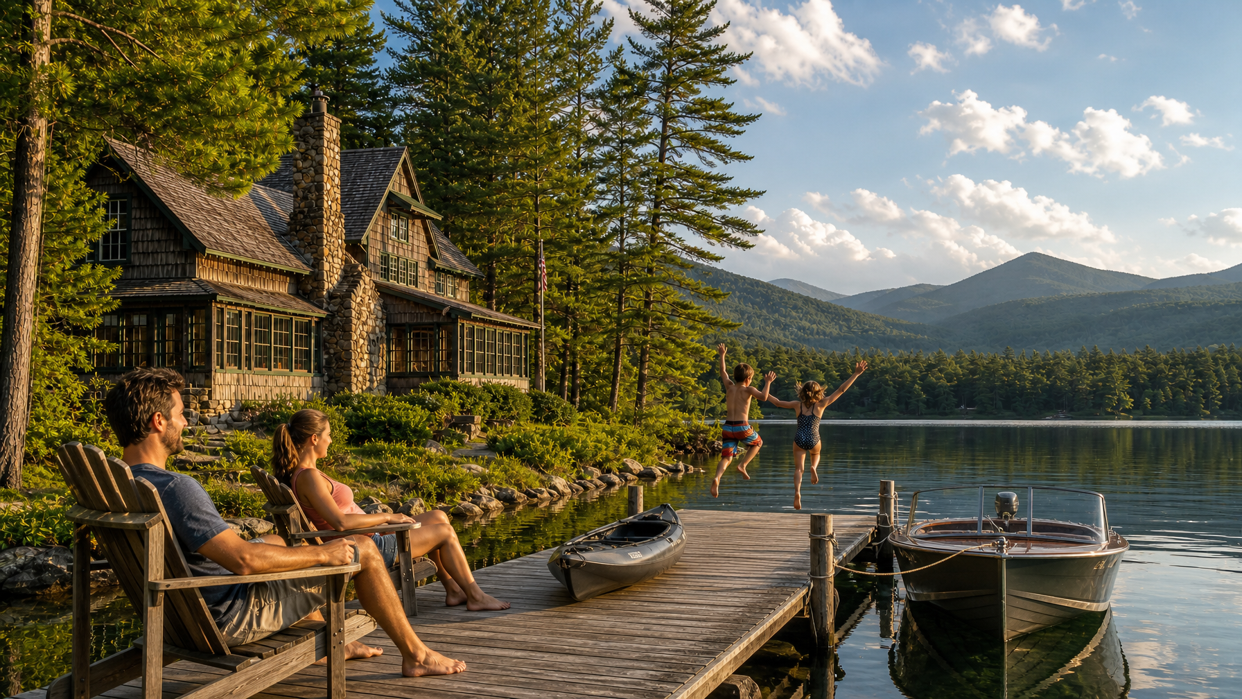 A family at an Old Forge Adirondacks vacation rental on the Fulton Chain of Lakes representing the family-friendly western Adirondack destination for 2026