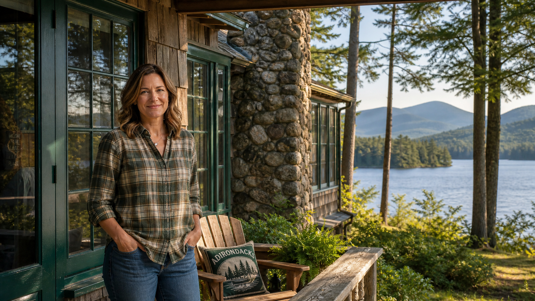 A female Adirondack vacation rental host relaxing on a camp porch overlooking a private lake, representing hosts who list direct on Houfy and keep 100% of their nightly rate