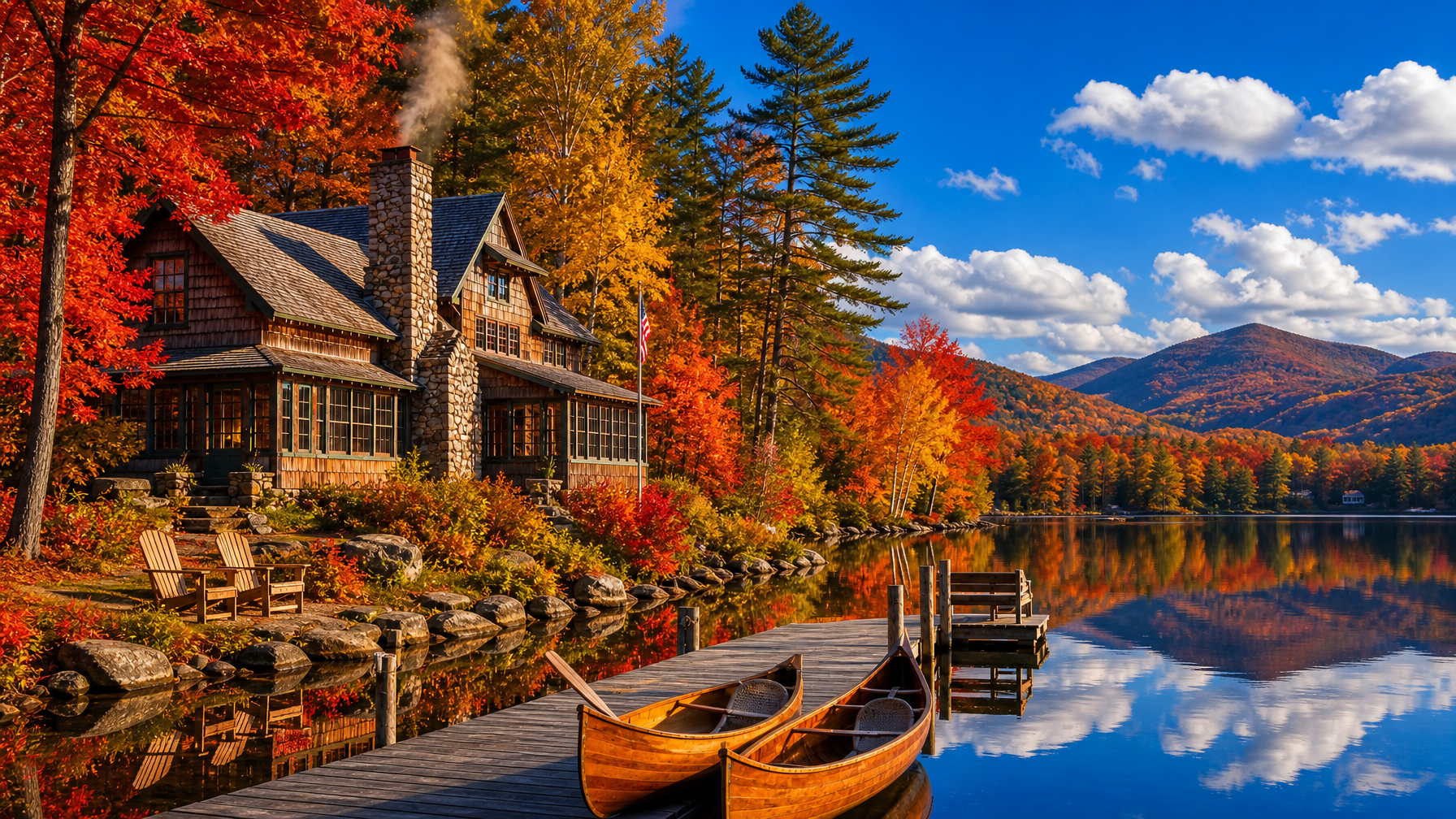 An Adirondacks vacation rental camp surrounded by peak fall foliage with a lake reflection showing the second peak travel season in the region