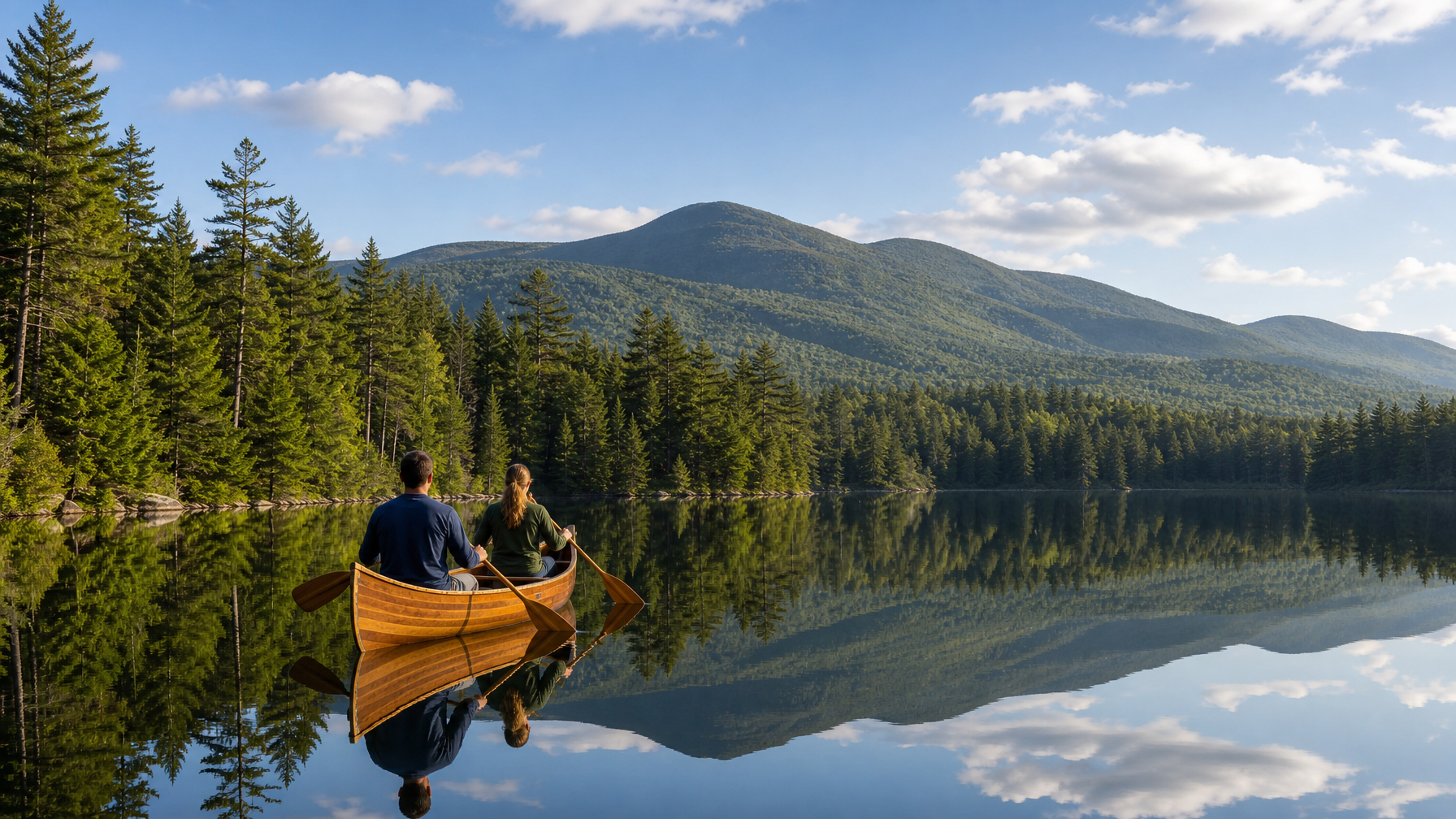 Vacation rental guests canoeing on the Saranac Lake chain of lakes with wilderness Adirondack shoreline in summer 2026