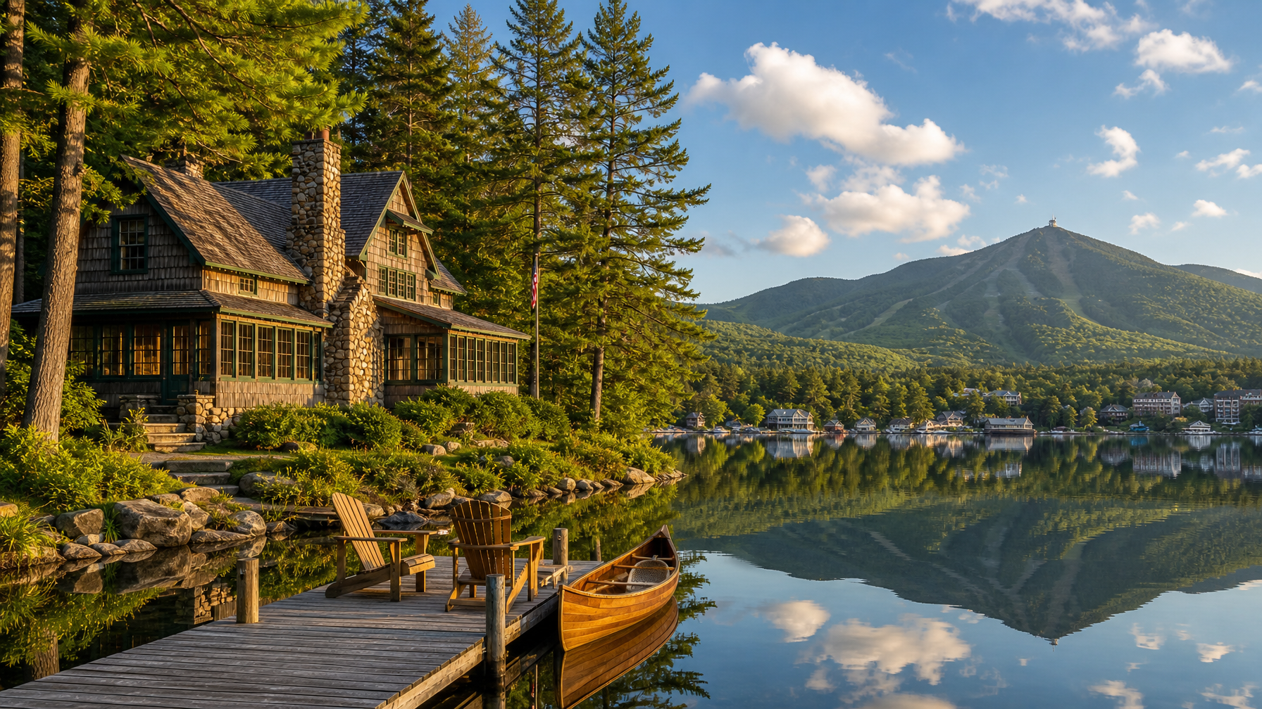 A Lake Placid Adirondacks vacation rental on Mirror Lake with views of Whiteface Mountain and the Olympic village representing the premier Adirondack destination