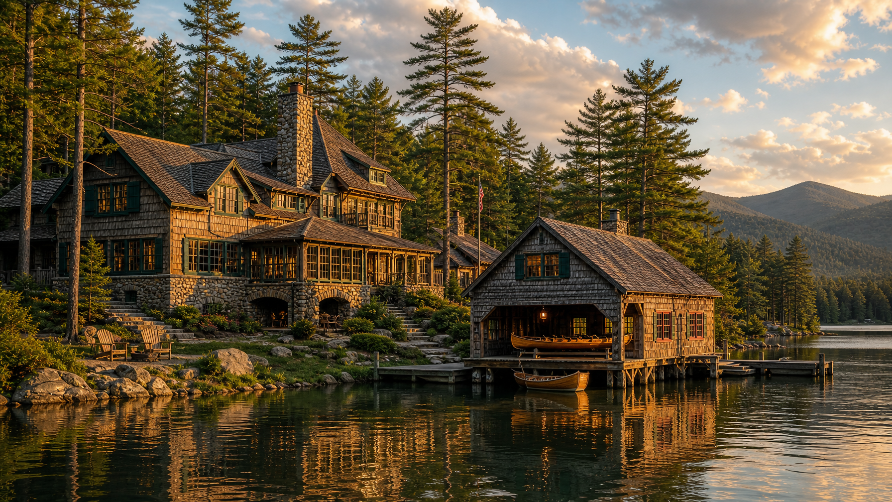 A historic Adirondack Great Camp style vacation rental with a boathouse and private lake representing the premium end of the Adirondack vacation rental market