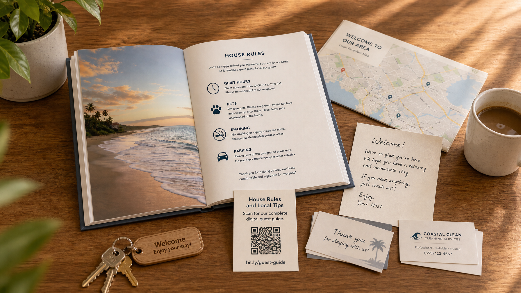 A vacation rental house rules QR code card shown in the welcome packet allowing guests to access the complete digital rules list on their phone before arrival