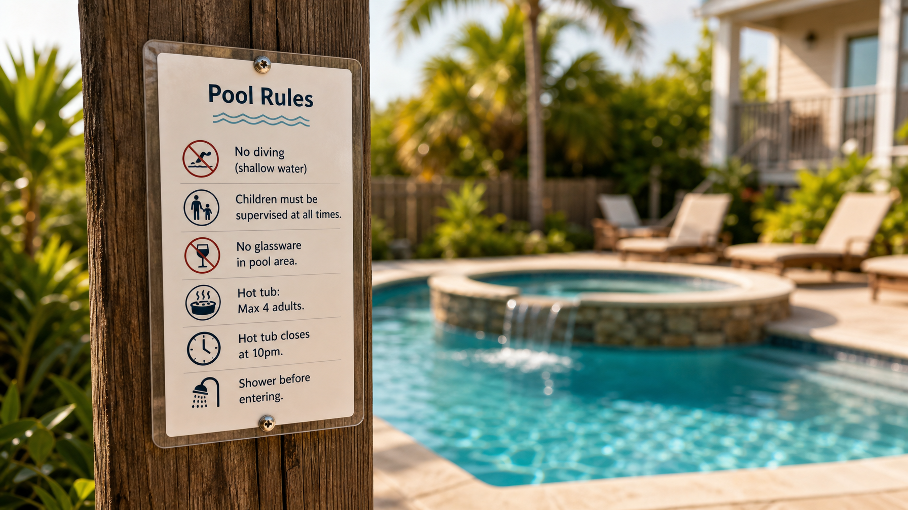 A vacation rental pool and hot tub safety rules card displayed near the water showing the specialized rules for properties with pool or hot tub amenities