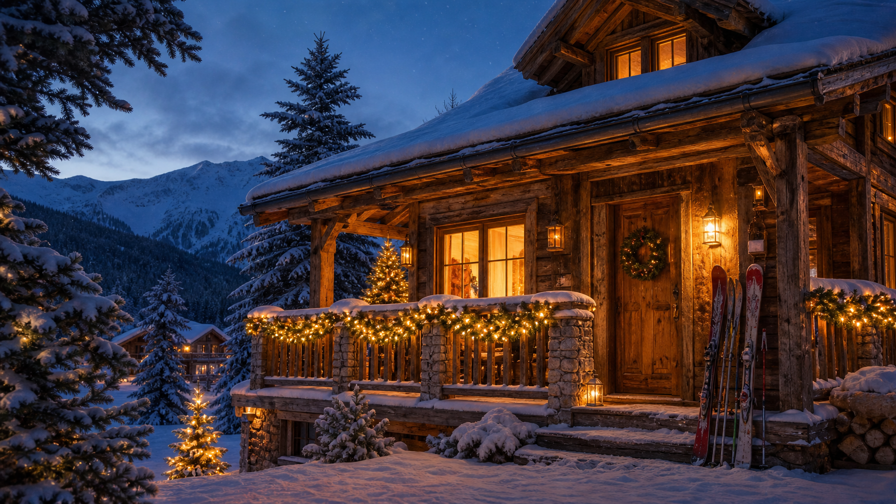 Mountain ski vacation rental cabin lit for Christmas with snow and premium holiday stay atmosphere
