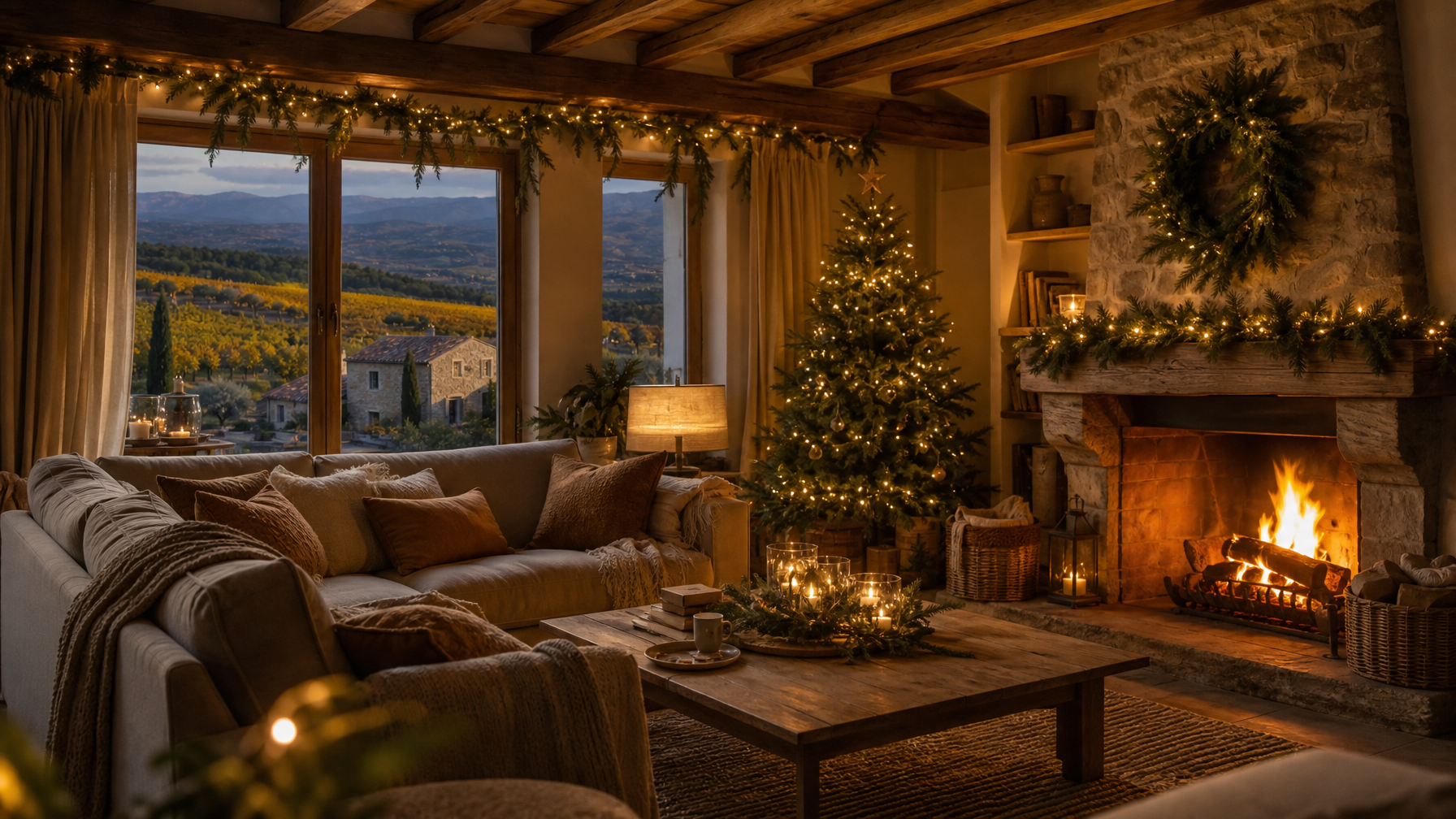 Cozy Christmas vacation rental living room with fireplace and holiday lights for peak Christmas week stays