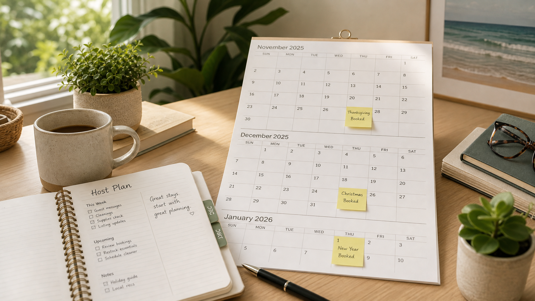 Vacation rental host planner showing continuous bookings from Thanksgiving through New Year
