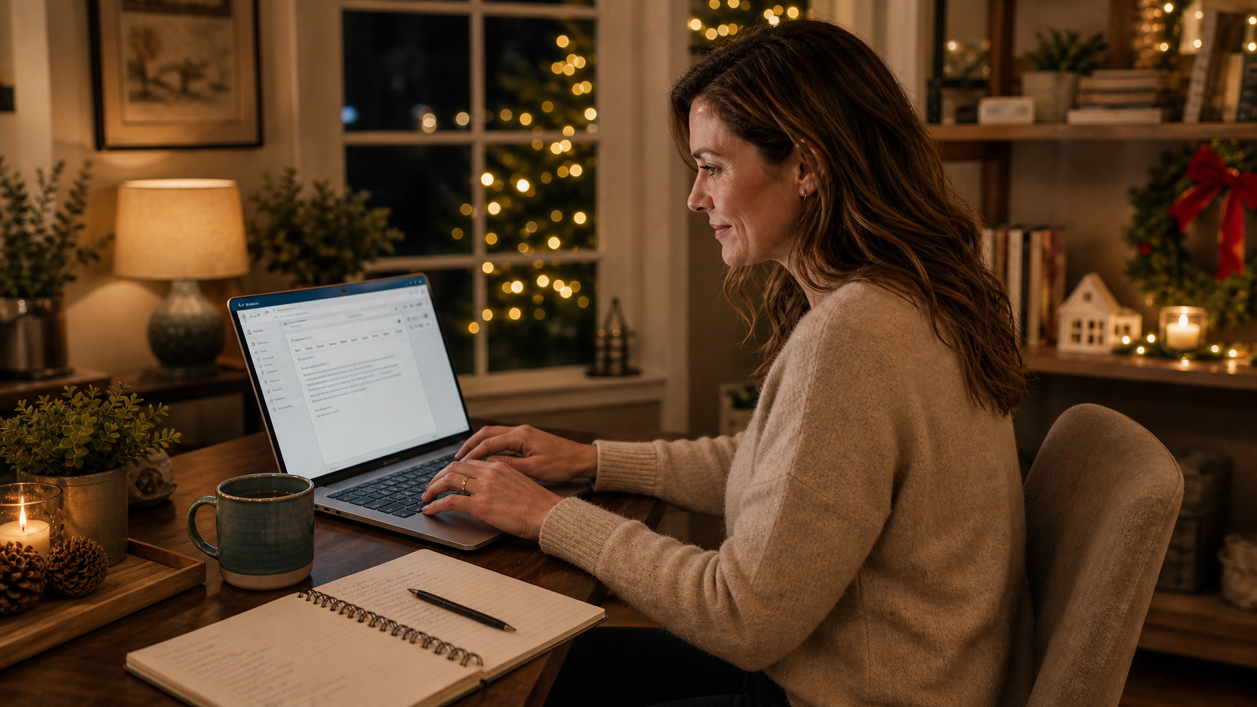 Woman vacation rental host sending Christmas week early access email to past guests for direct booking