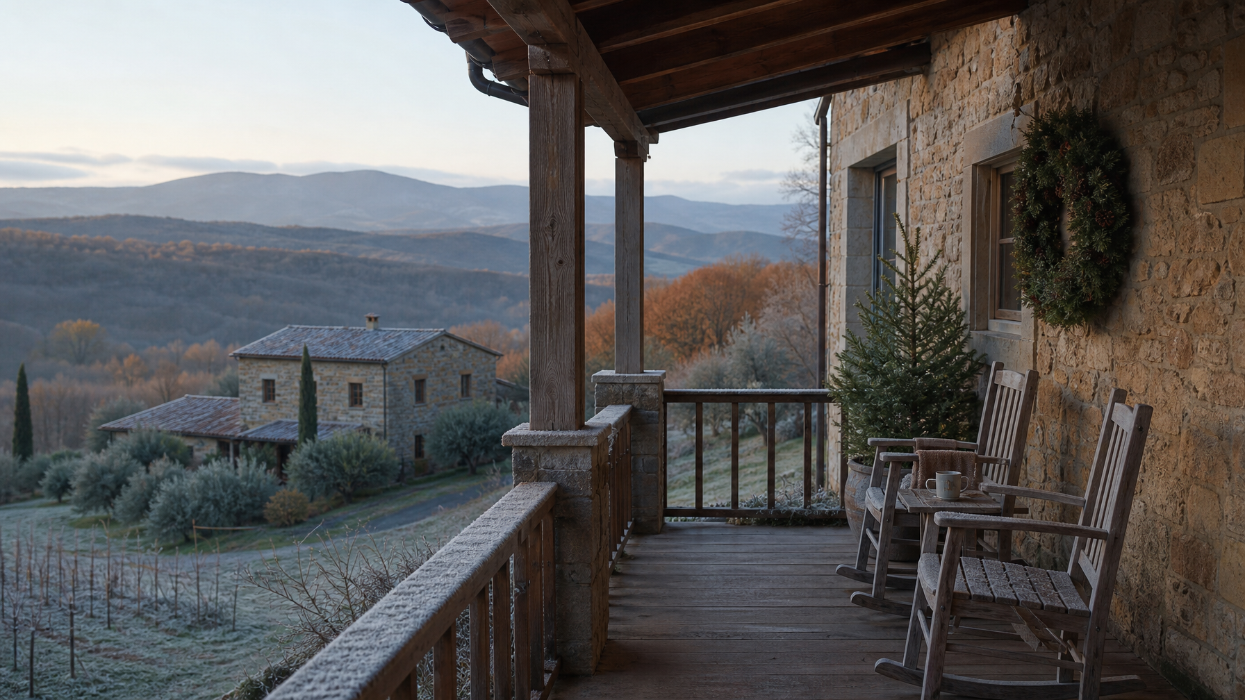 Quiet frosty December porch of a vacation rental between Thanksgiving and Christmas for gap night pricing