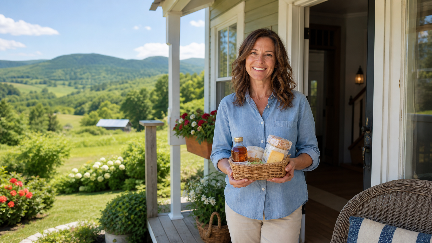 A female Vermont vacation rental host welcoming guests at the farmhouse entrance with a local Vermont welcome basket representing the direct booking host experience on Houfy