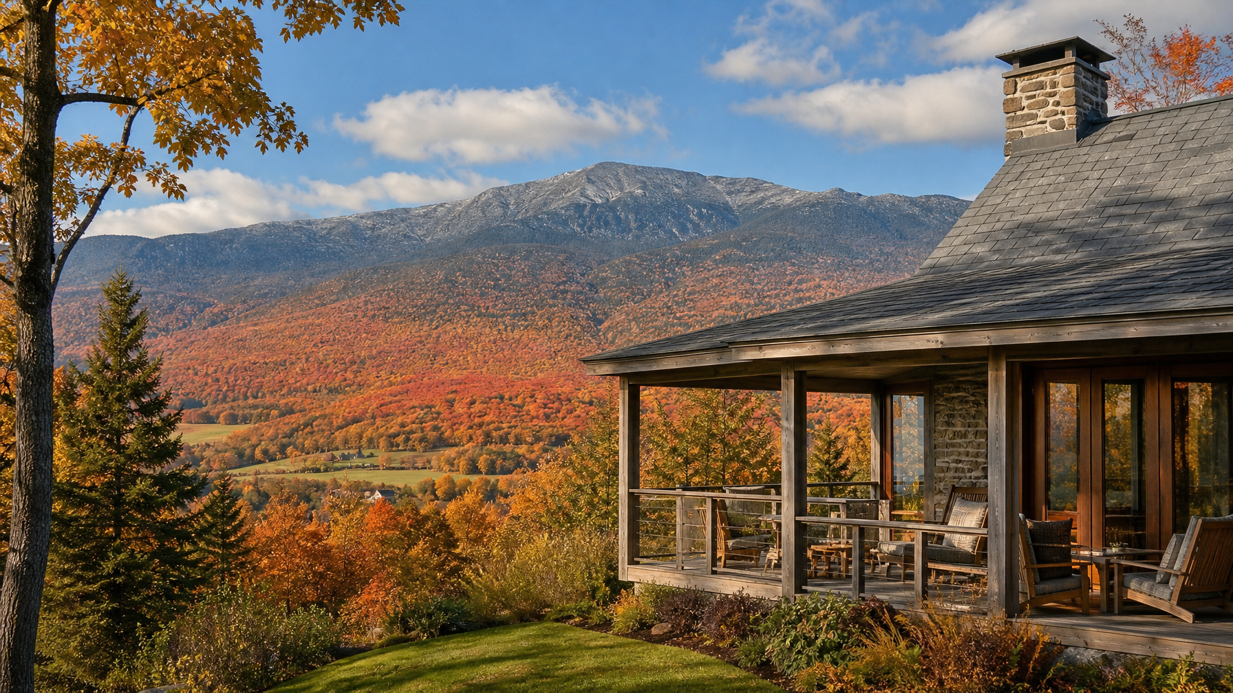 A Stowe Vermont vacation rental chalet with Mount Mansfield covered in blazing fall foliage behind it representing Vermont's premier year-round resort town vacation rental destination