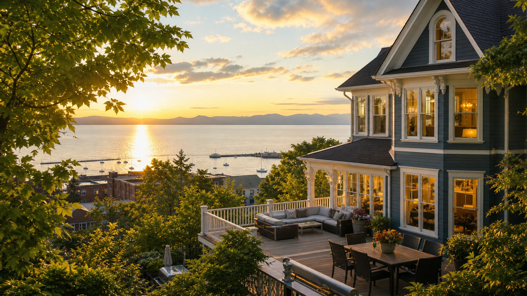 A Burlington Vermont vacation rental with Lake Champlain views and the Adirondack Mountains visible across the water representing Vermont's lakefront city vacation rental destination for 2026