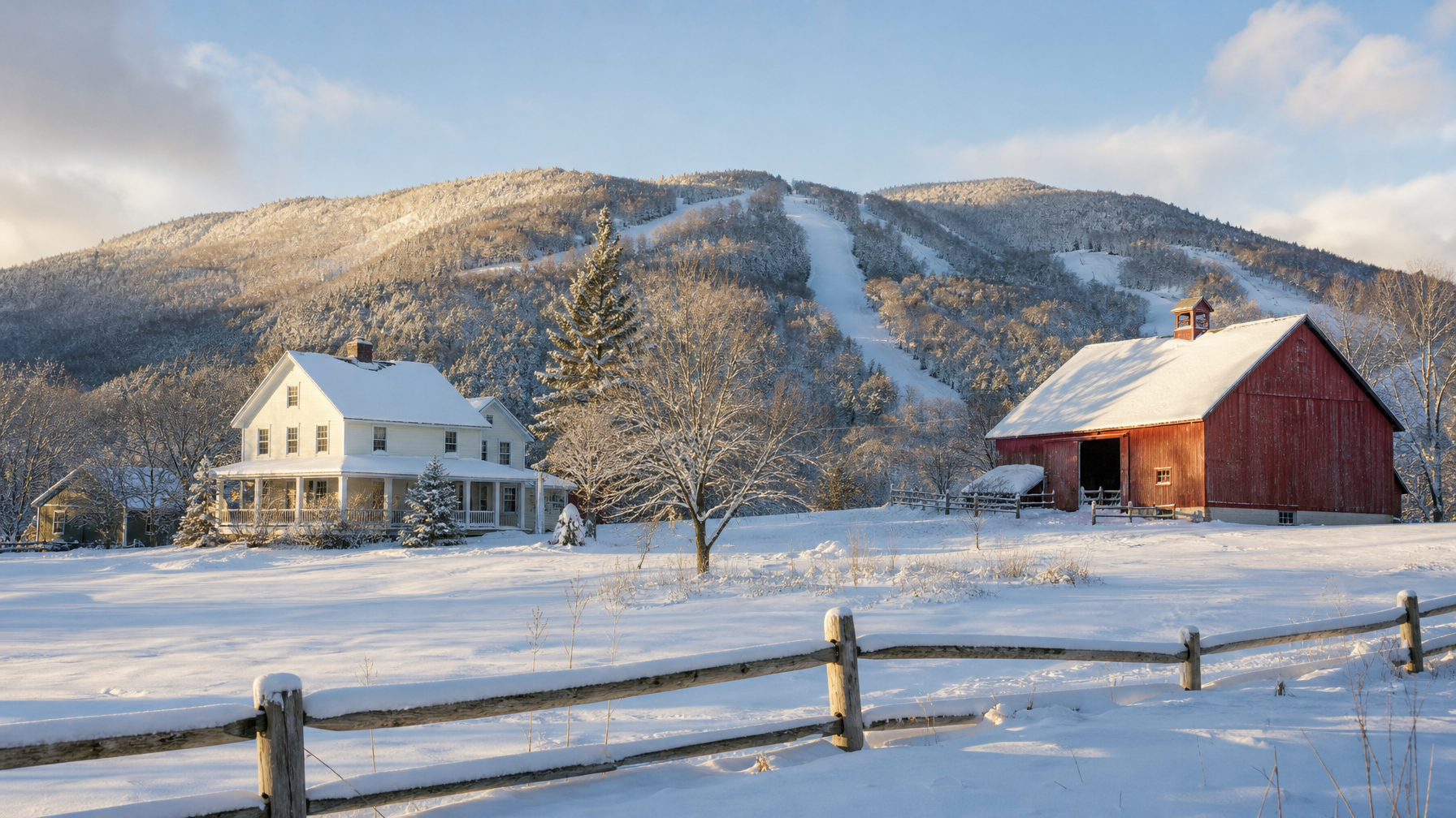 A Mad River Valley Vermont vacation rental farmhouse with ski mountain runs visible behind snow-covered meadows representing Vermont's most authentic ski destination for 2026