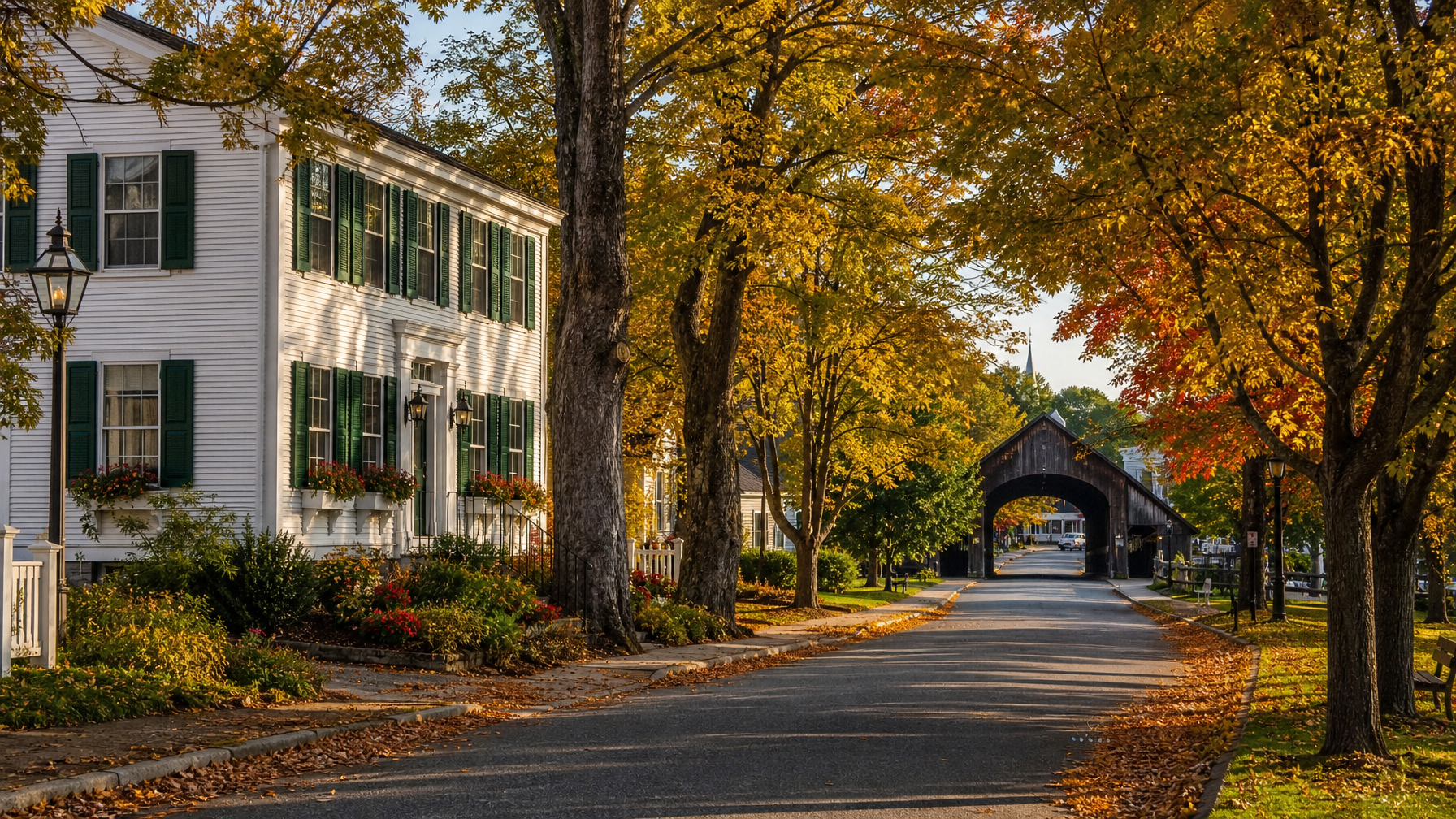 A Woodstock Vermont vacation rental near the covered bridge and village green with fall foliage representing the most architecturally refined Vermont village destination for 2026