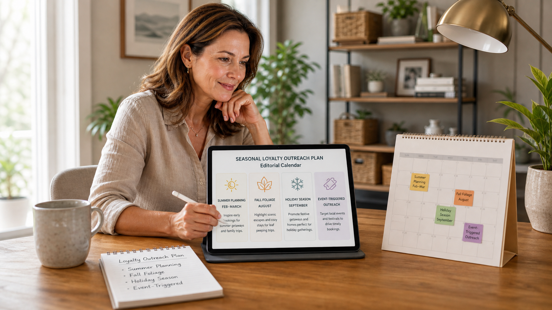 A vacation rental host's loyalty outreach calendar showing the optimal timing for seasonal email campaigns to returning guests throughout the year