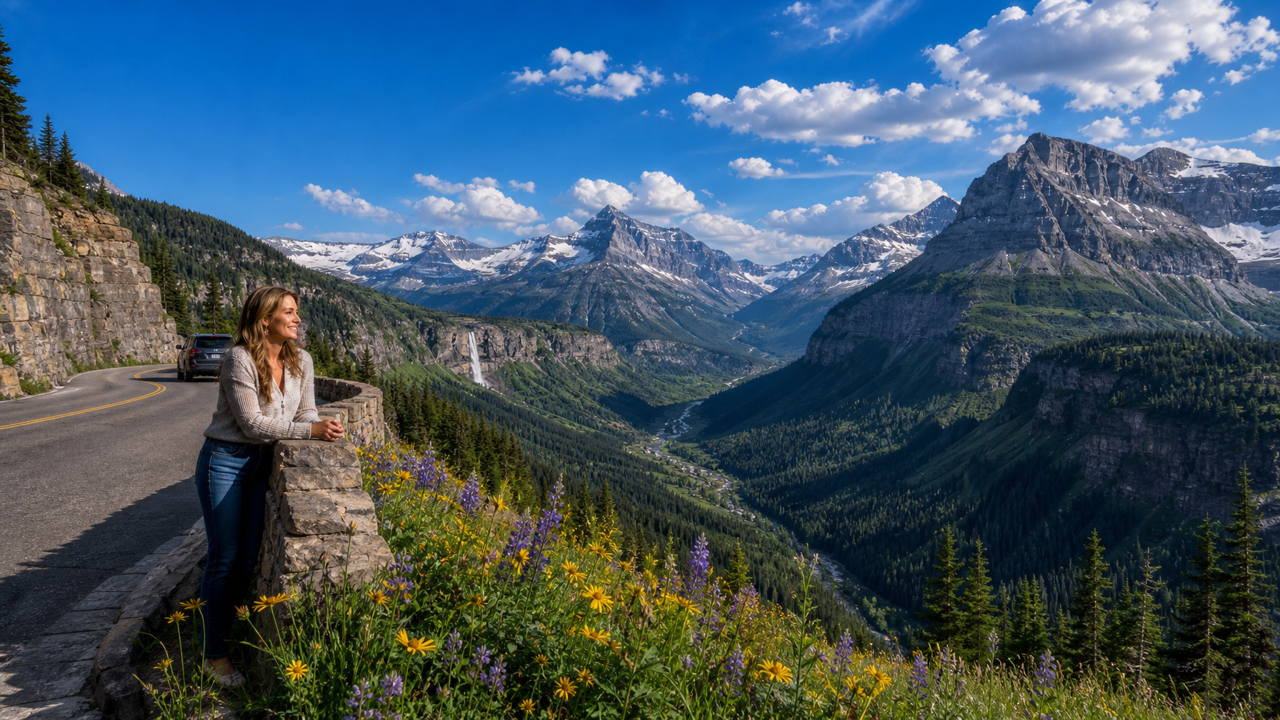 The Going-to-the-Sun Road in Glacier National Park showing the dramatic mountain scenery accessible from Whitefish and West Glacier Montana vacation rentals