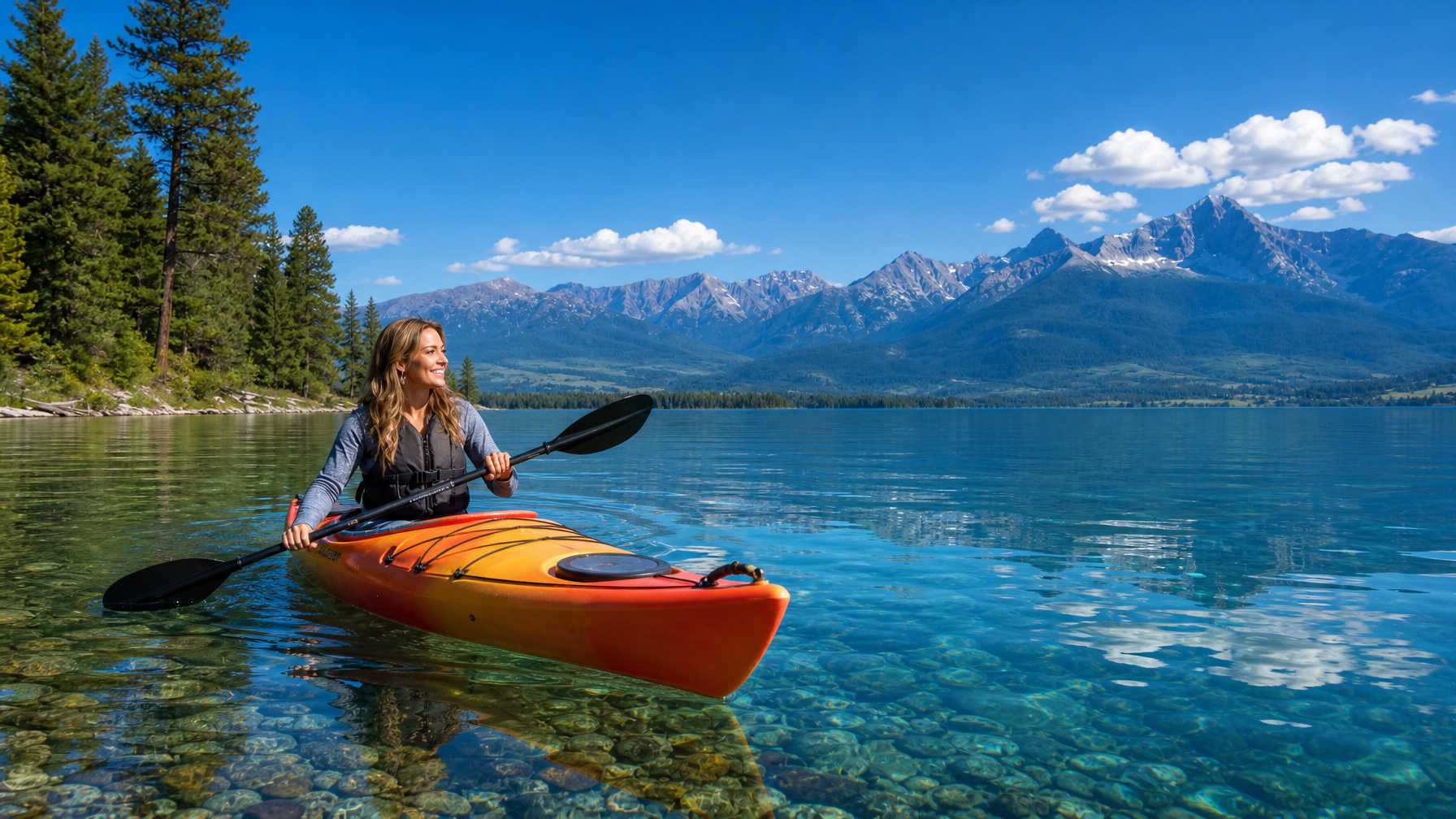Vacation rental guests kayaking on Flathead Lake near Whitefish Montana with the Rocky Mountains in the background