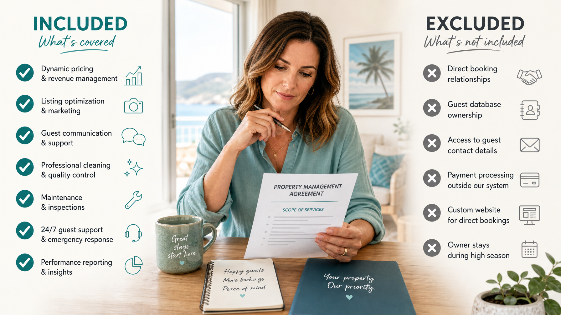 Two-column graphic showing services included in professional vacation rental management versus what is often excluded like direct booking guest database ownership