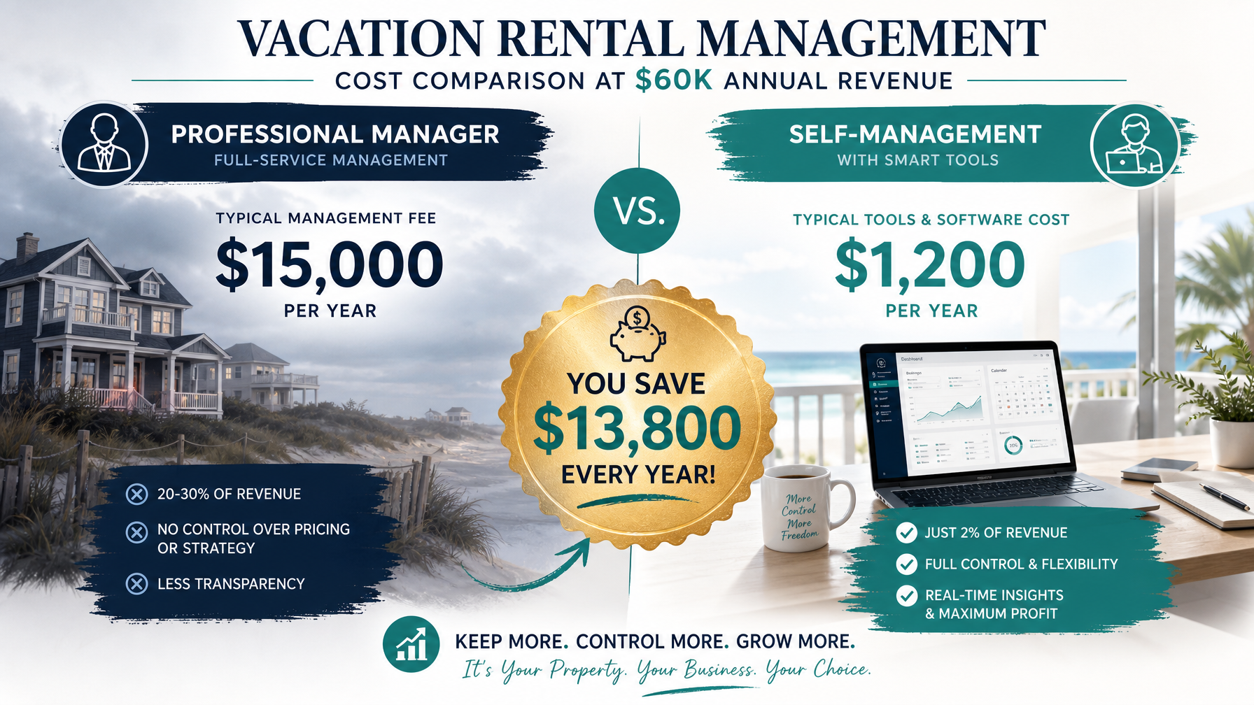 Cost comparison infographic showing professional vacation rental management fee of $15,000 versus self-management tools cost of $1,200 per year at $60,000 annual revenue in 2026