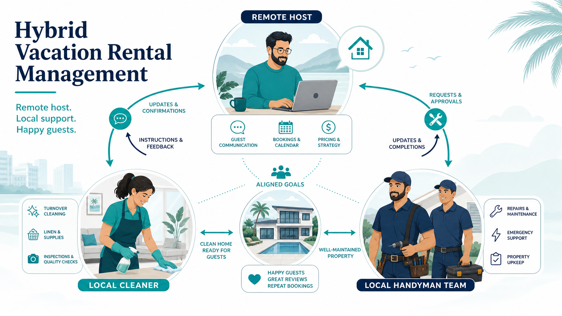 Diagram of hybrid vacation rental management model showing remote host coordinating with trusted local cleaner and handyman team