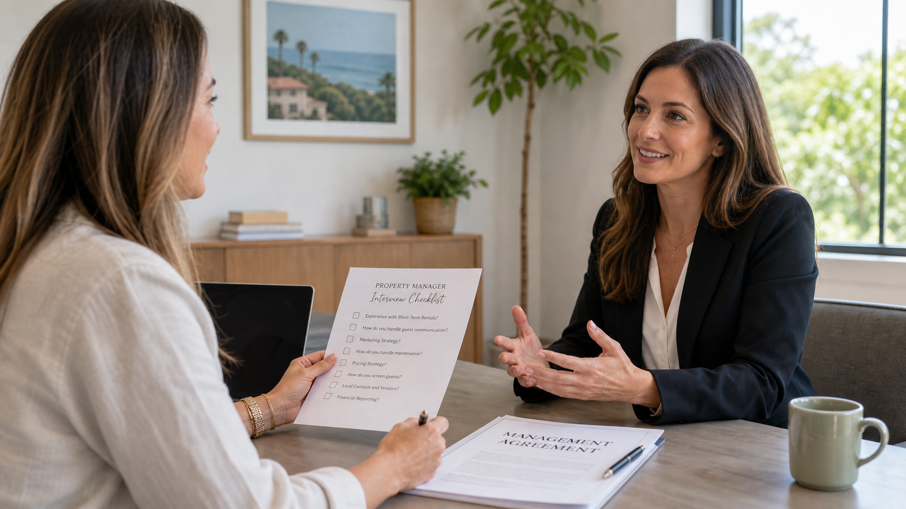 Female vacation rental host vetting a professional property manager using due diligence checklist before signing management contract in 2026