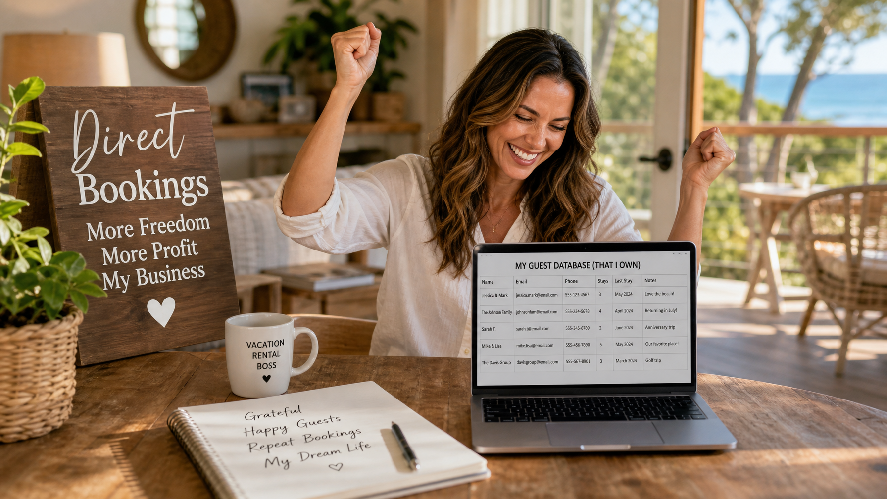 Female vacation rental host building direct booking business and owning her guest database for repeat bookings on Houfy
