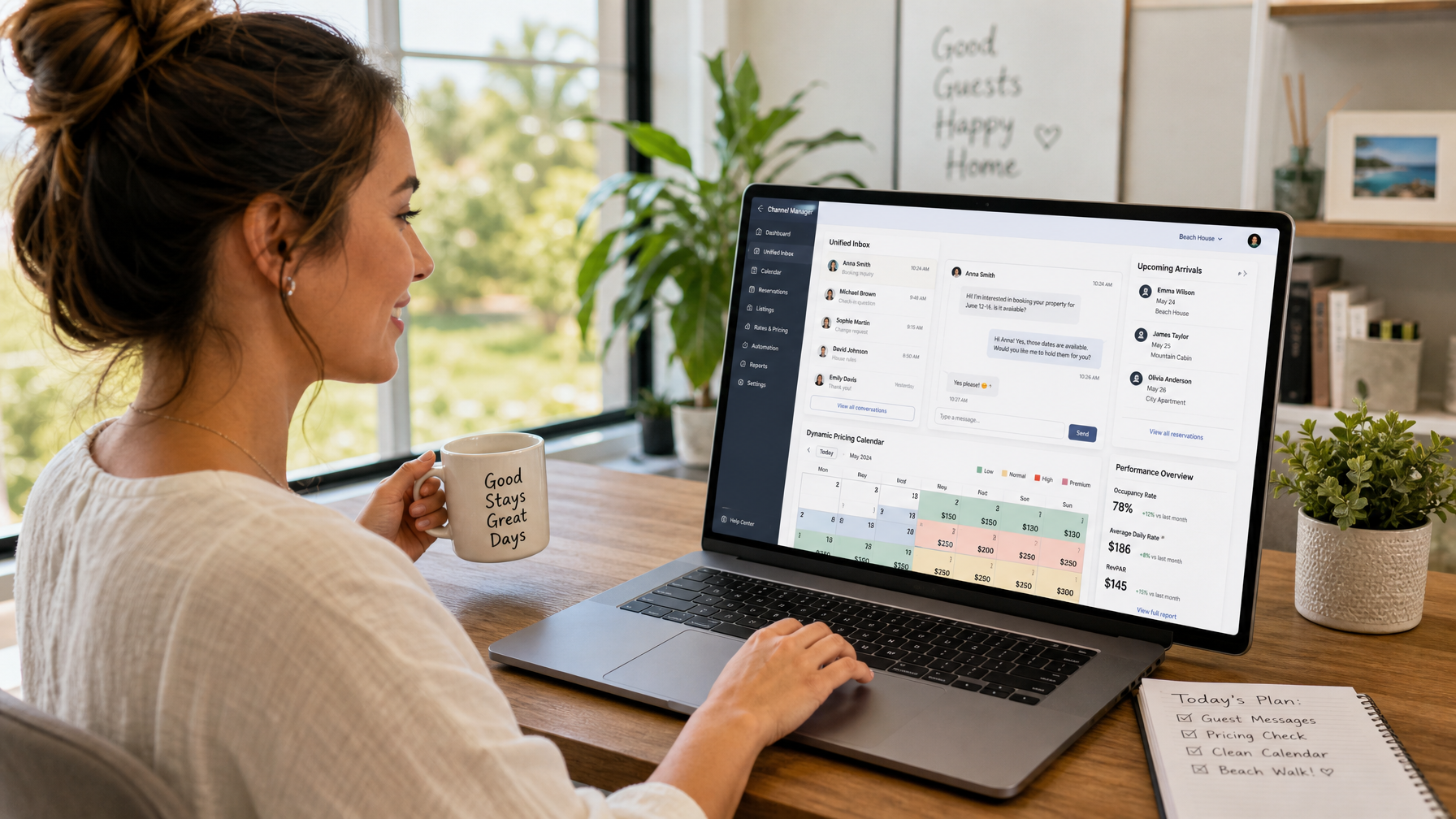 Female self-managing vacation rental host using channel manager dashboard with unified inbox and dynamic pricing calendar to automate STR operations
