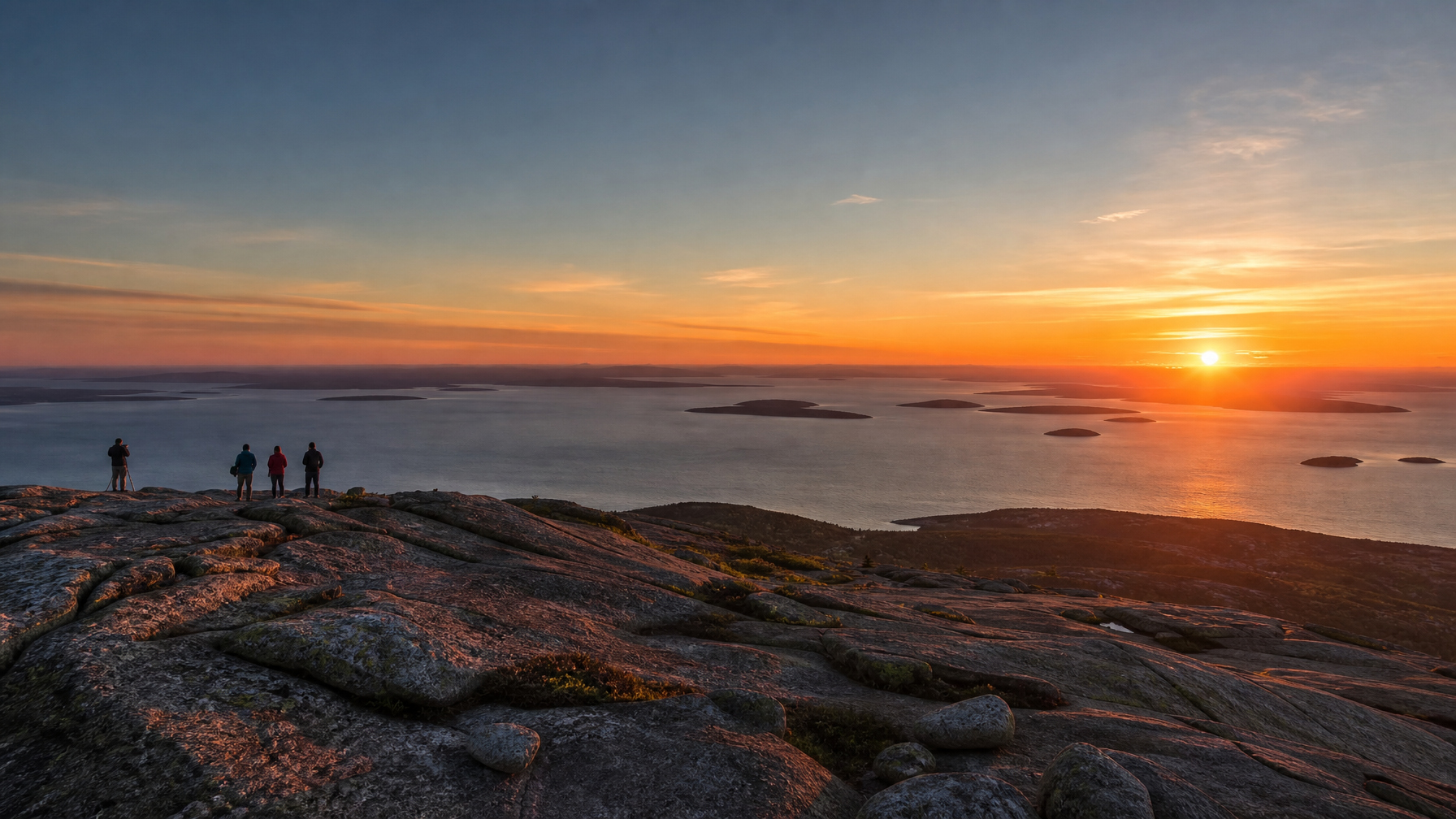 The first sunrise in the continental US on Cadillac Mountain in Acadia National Park viewed from the summit with dramatic coastal scenery