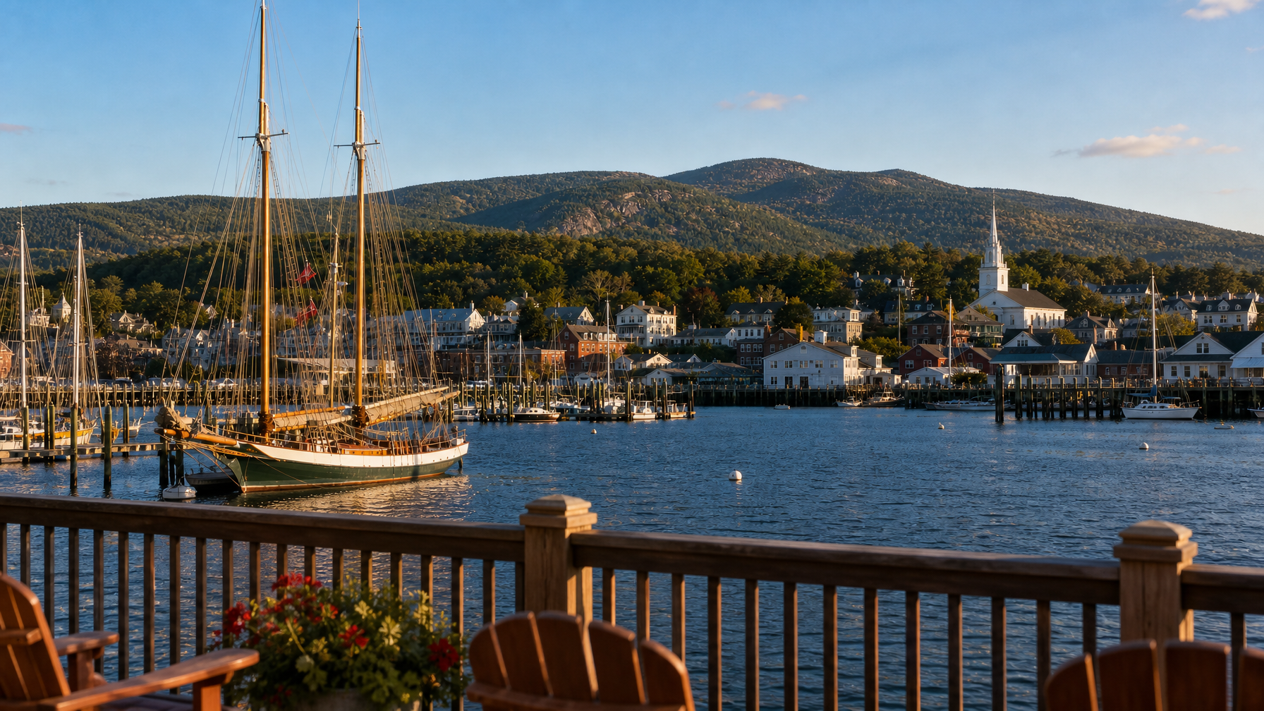 A Camden Maine vacation rental deck view of harbor windjammer schooners and Camden Hills representing the Mid-Coast Maine experience