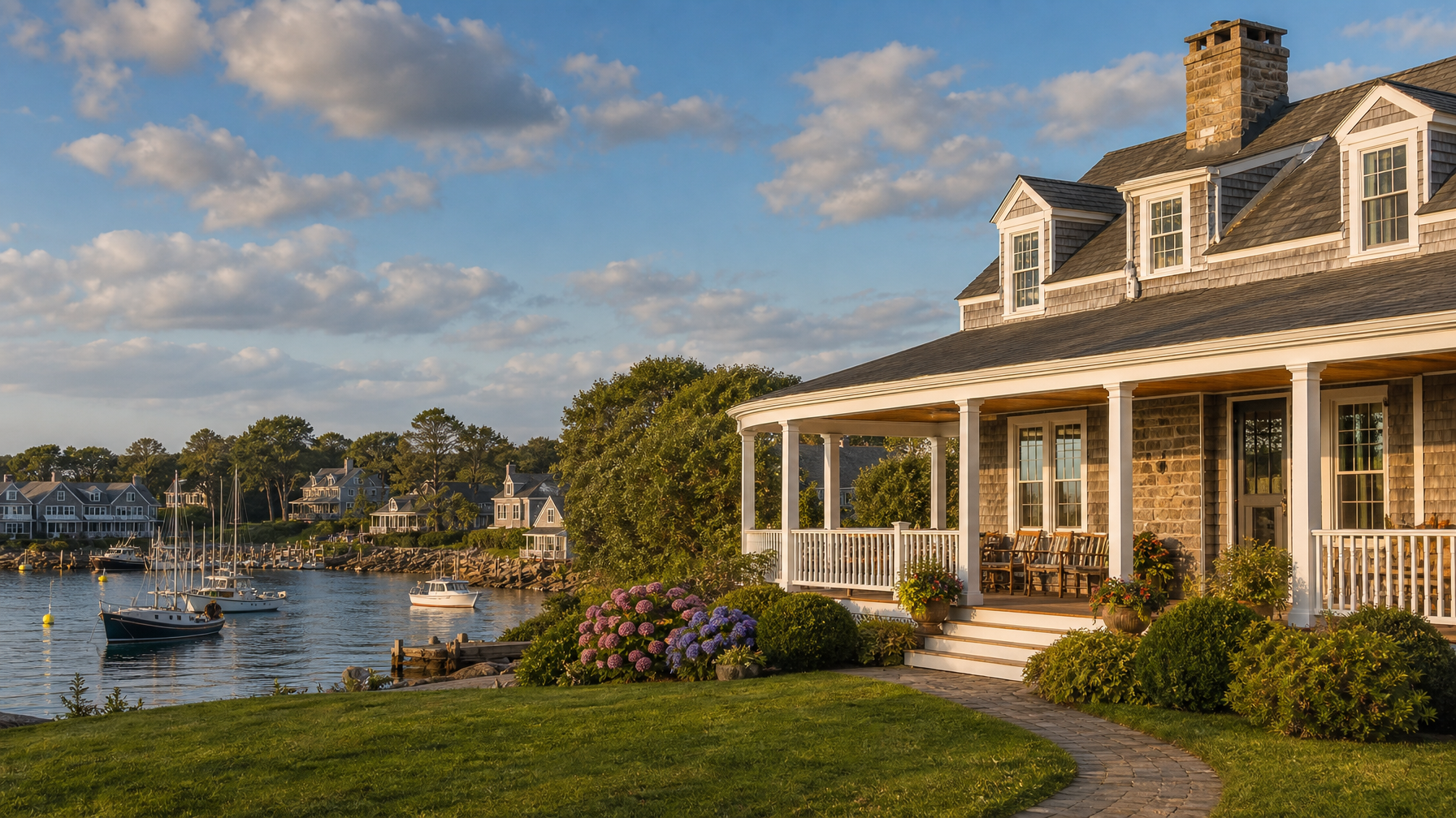 A Kennebunkport Maine vacation rental shingle-style coastal home near the river with lobster boats in the cove representing Maine's most refined coastal village