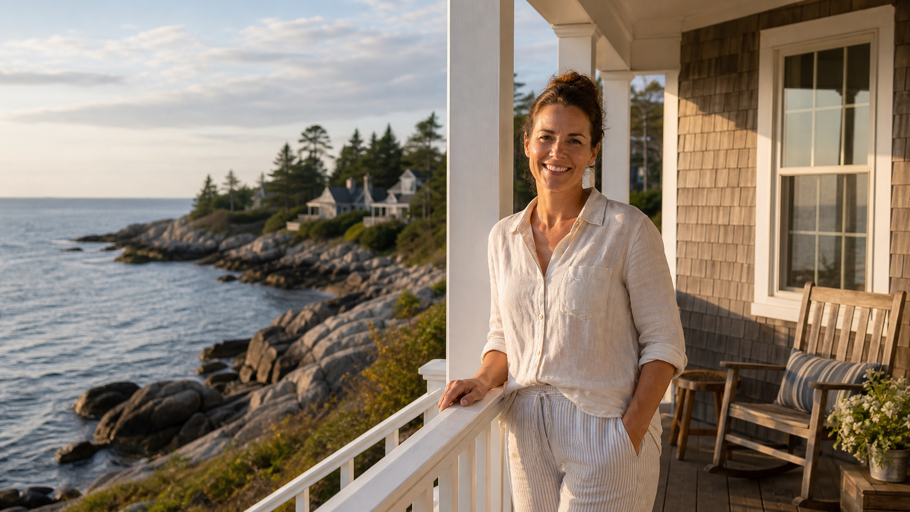 A female Maine vacation rental host on the porch of a grey-shingled coastal cottage welcoming guests for a direct booking stay in 2026