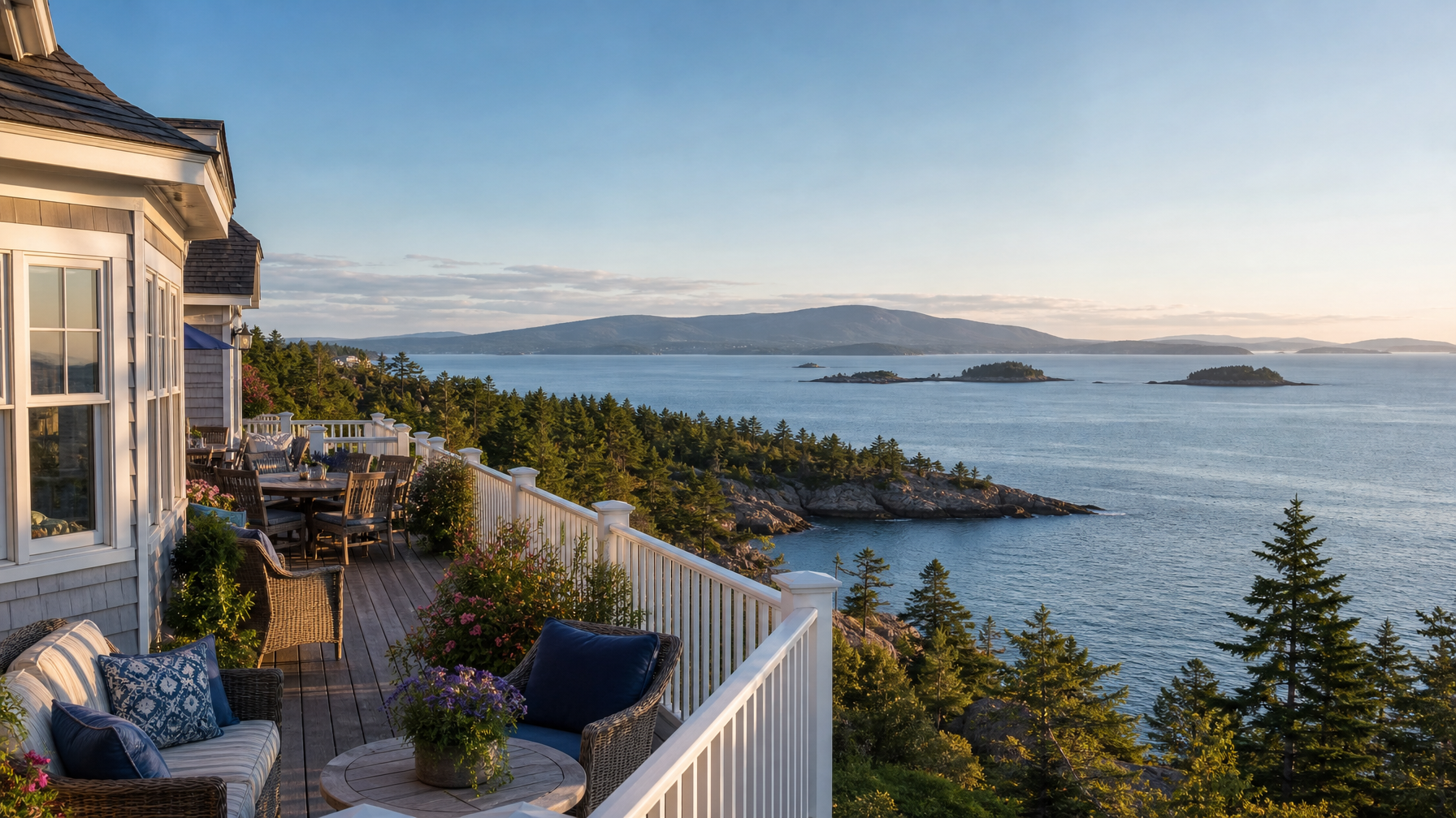 A Bar Harbor Maine vacation rental with panoramic Frenchman Bay views and Acadia National Park's Cadillac Mountain representing the premier Maine national park gateway