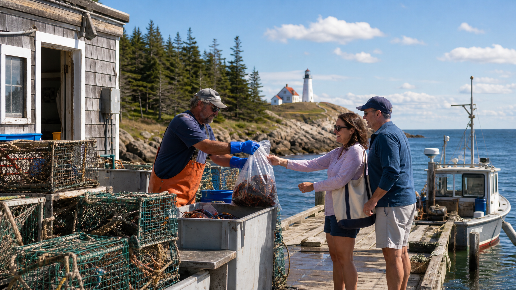 Maine vacation rental guests picking up fresh lobsters from a working dock representing the authentic Maine coastal food experience