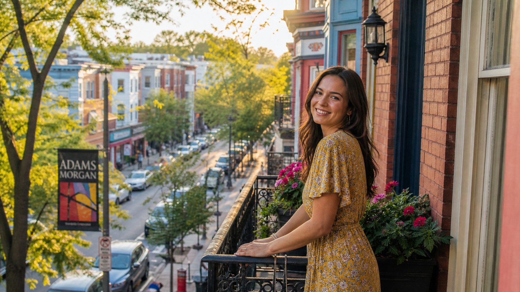 Female host on a rowhouse balcony overlooking Adams Morgan's 18th Street NW in Washington DC